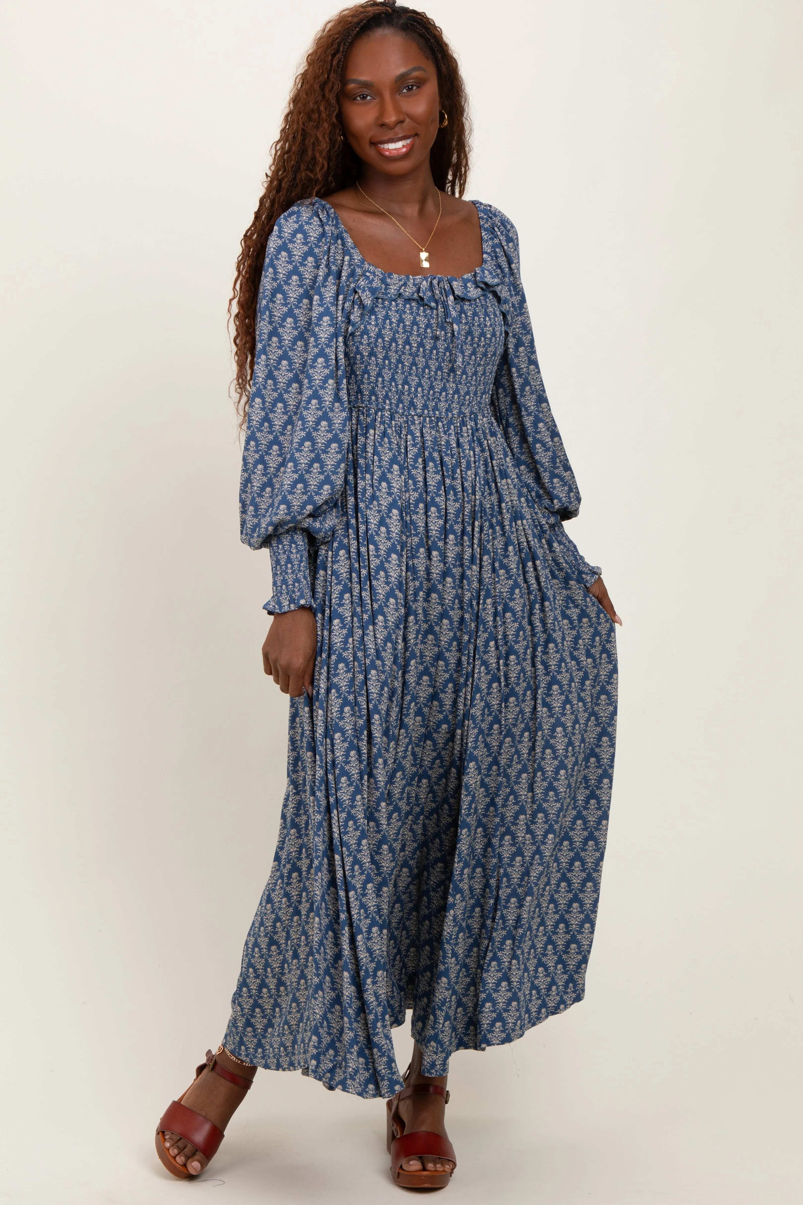 Blue Damask Print Smocked Ruffle Accent Maxi Dress sold by Pinkblush
