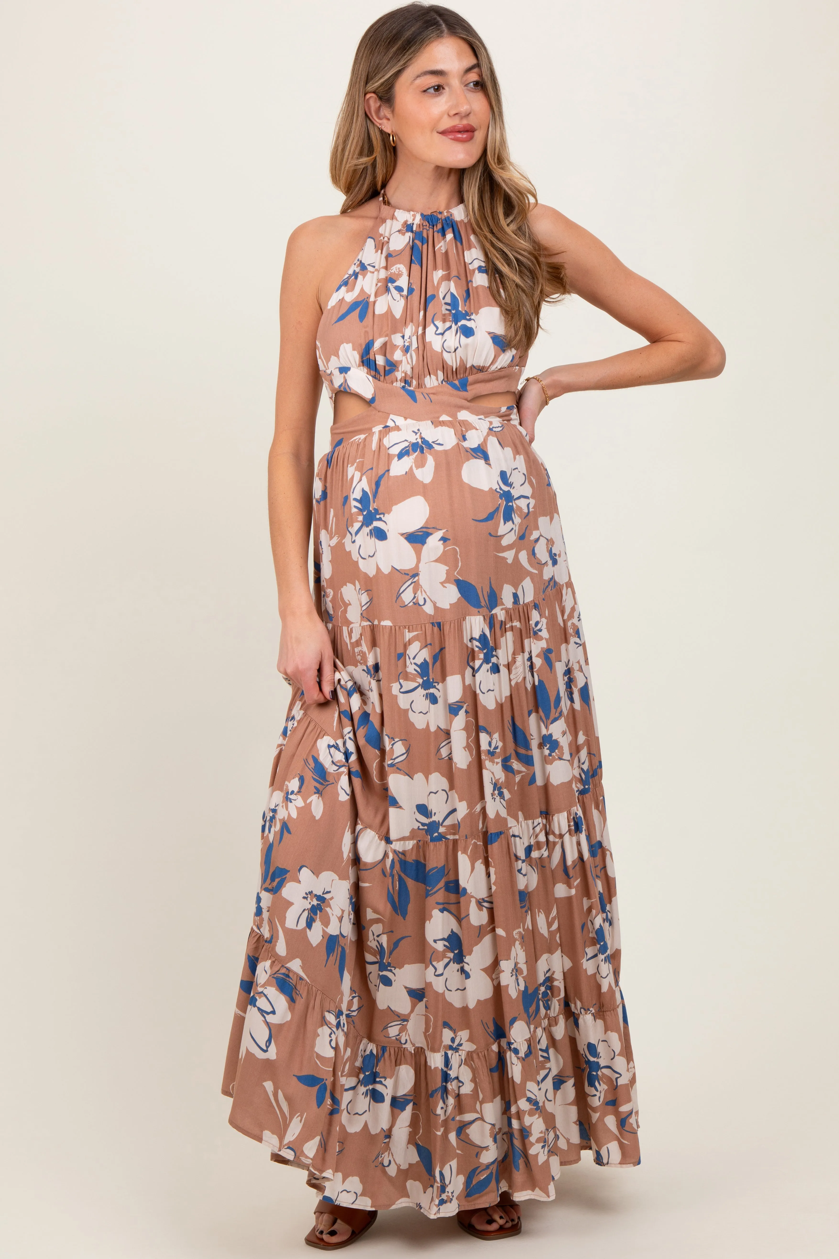 Taupe Floral Halter Side Cutout Maternity Maxi Dress sold by Pinkblush