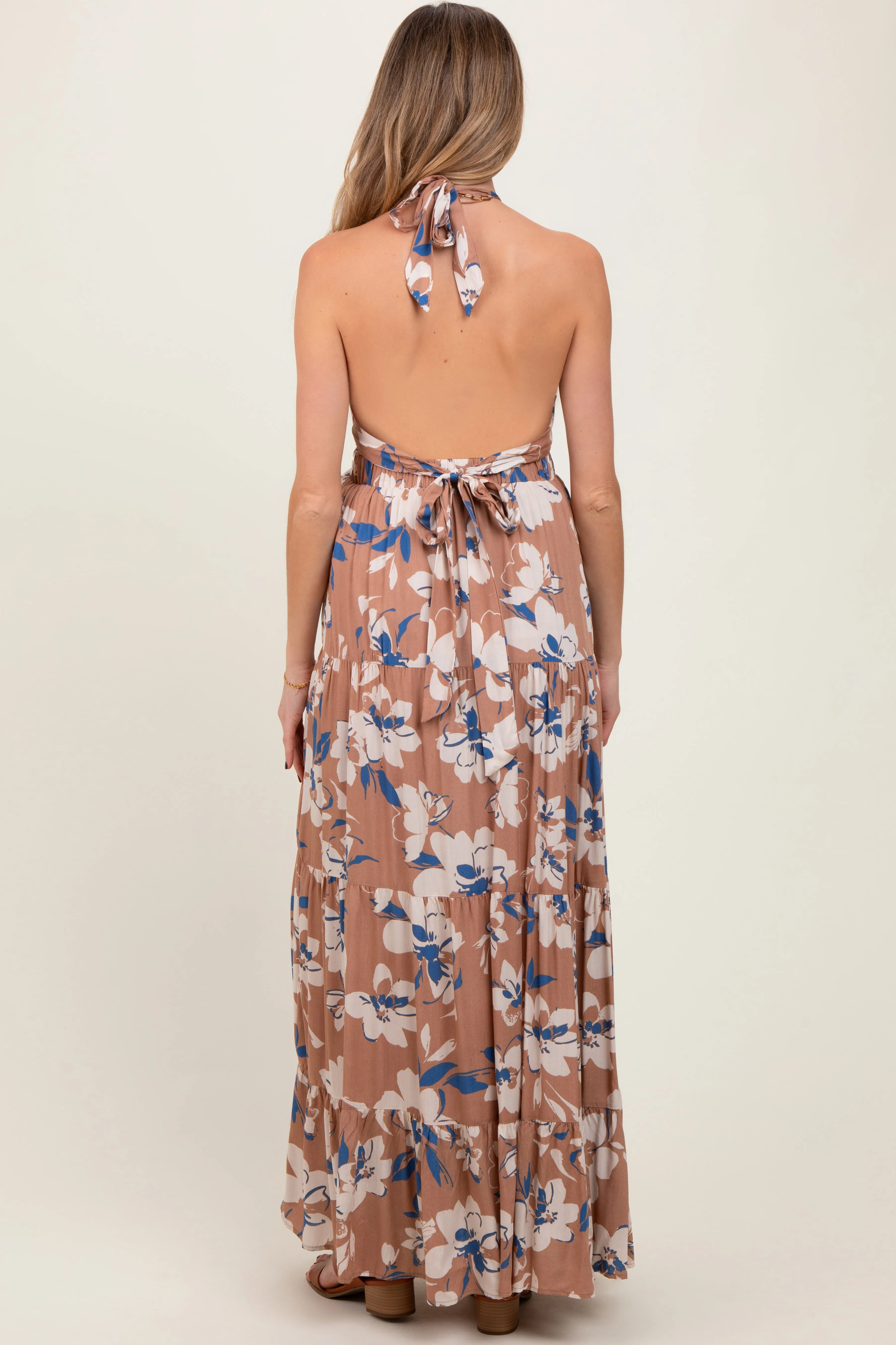 Taupe Floral Halter Side Cutout Maternity Maxi Dress sold by Pinkblush product image thumbnail 3