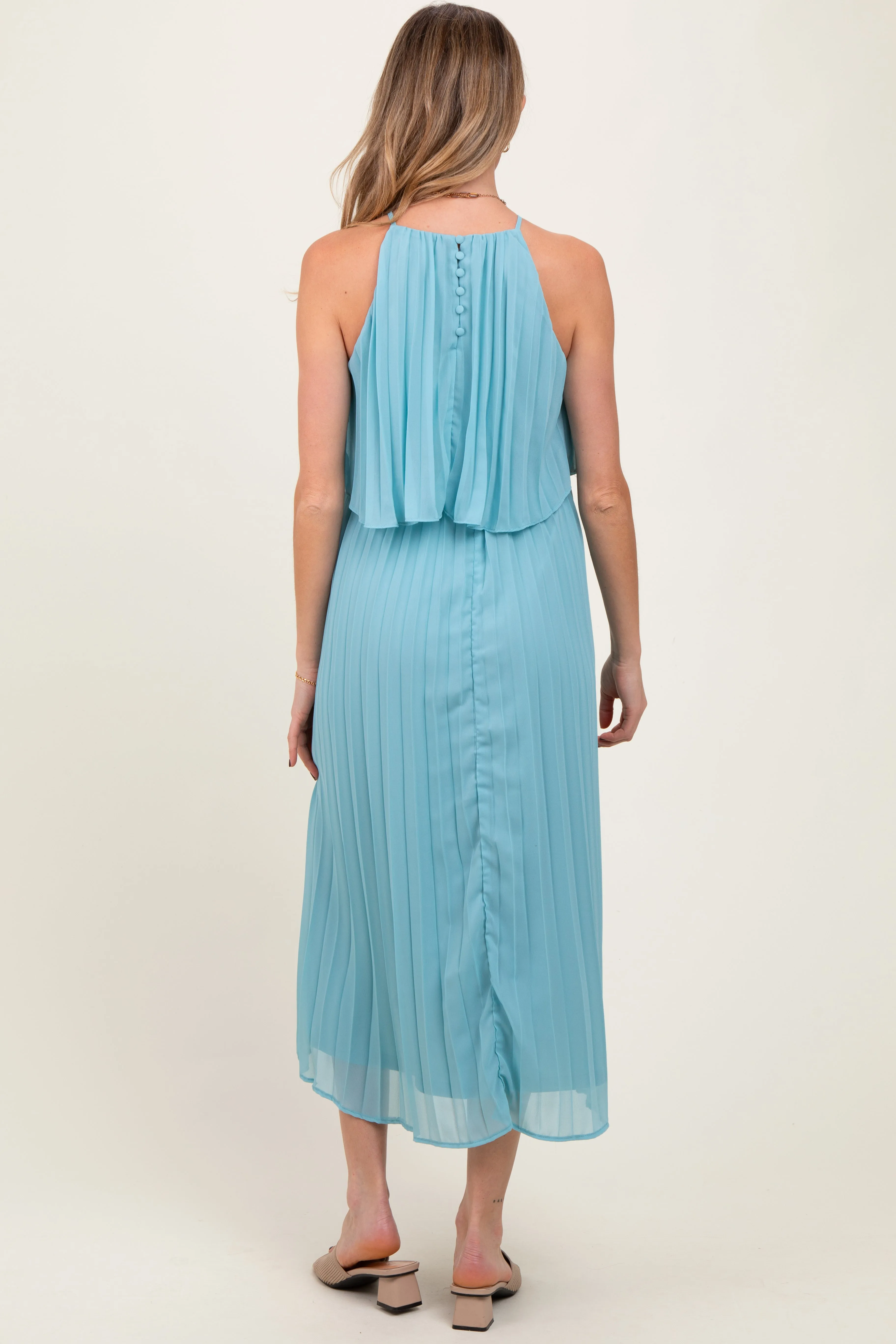 Blue Pleated Woven Maternity Midi Dress sold by Pinkblush product image thumbnail 4