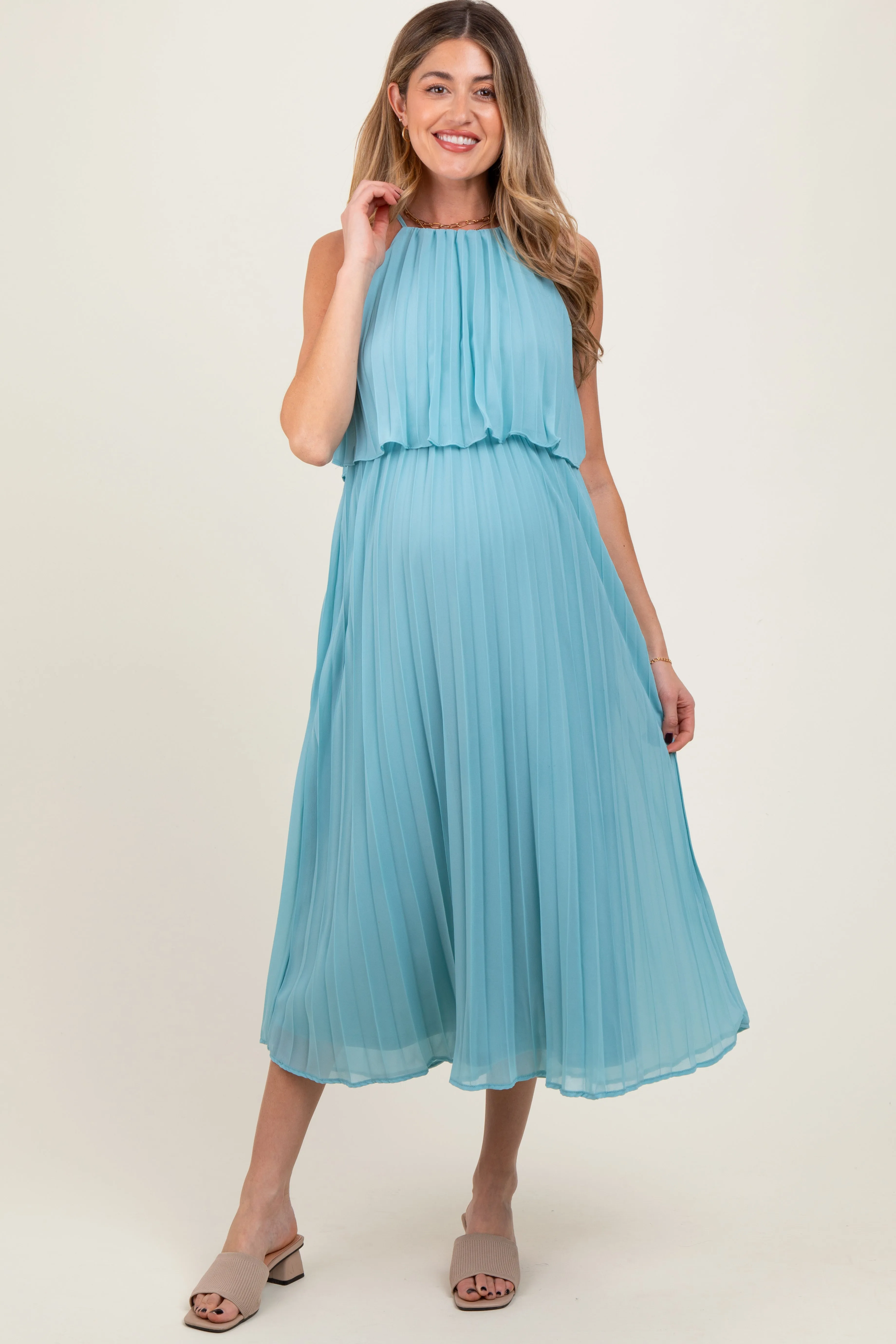 Blue Pleated Woven Maternity Midi Dress sold by Pinkblush