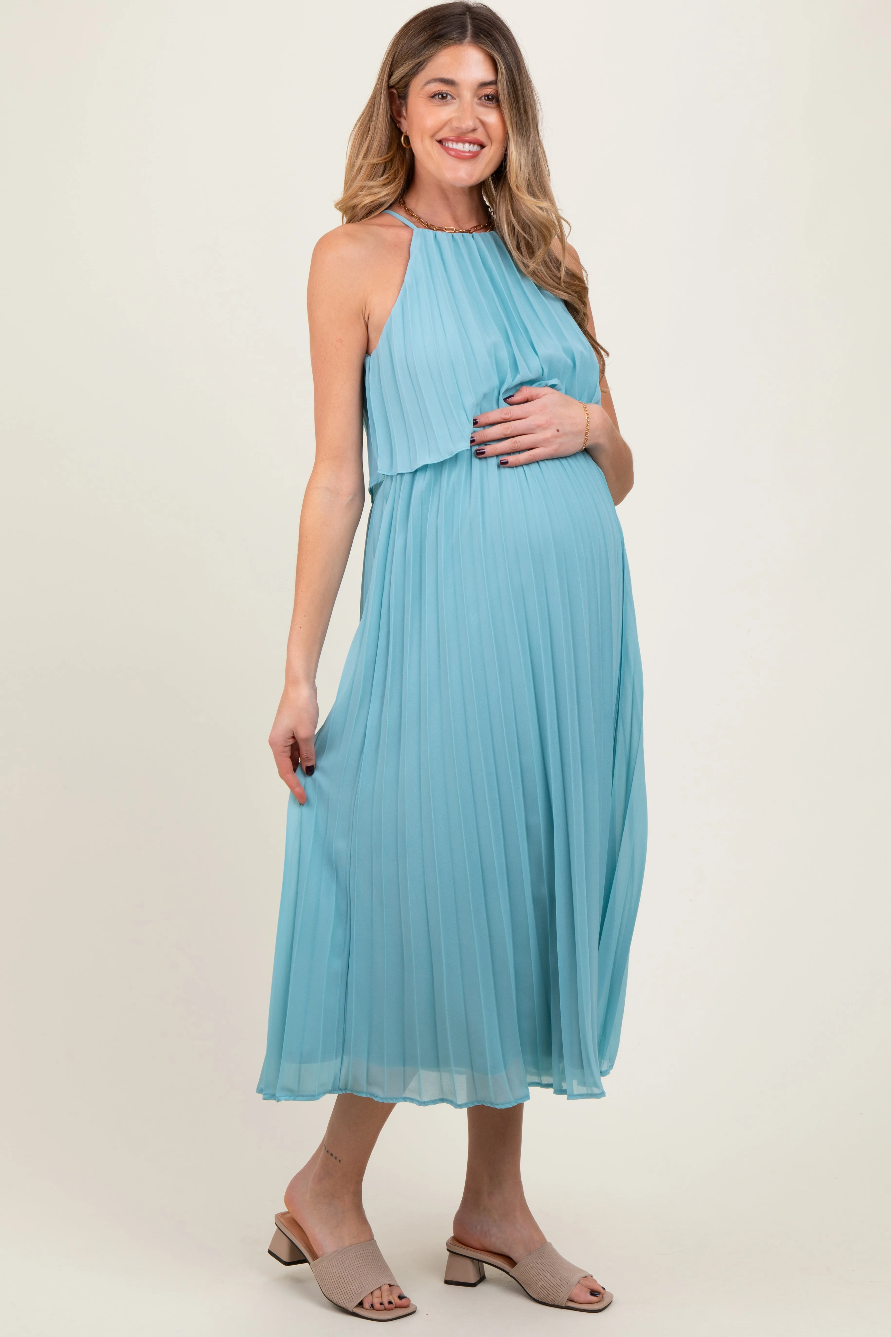Blue Pleated Woven Maternity Midi Dress sold by Pinkblush product image thumbnail 3
