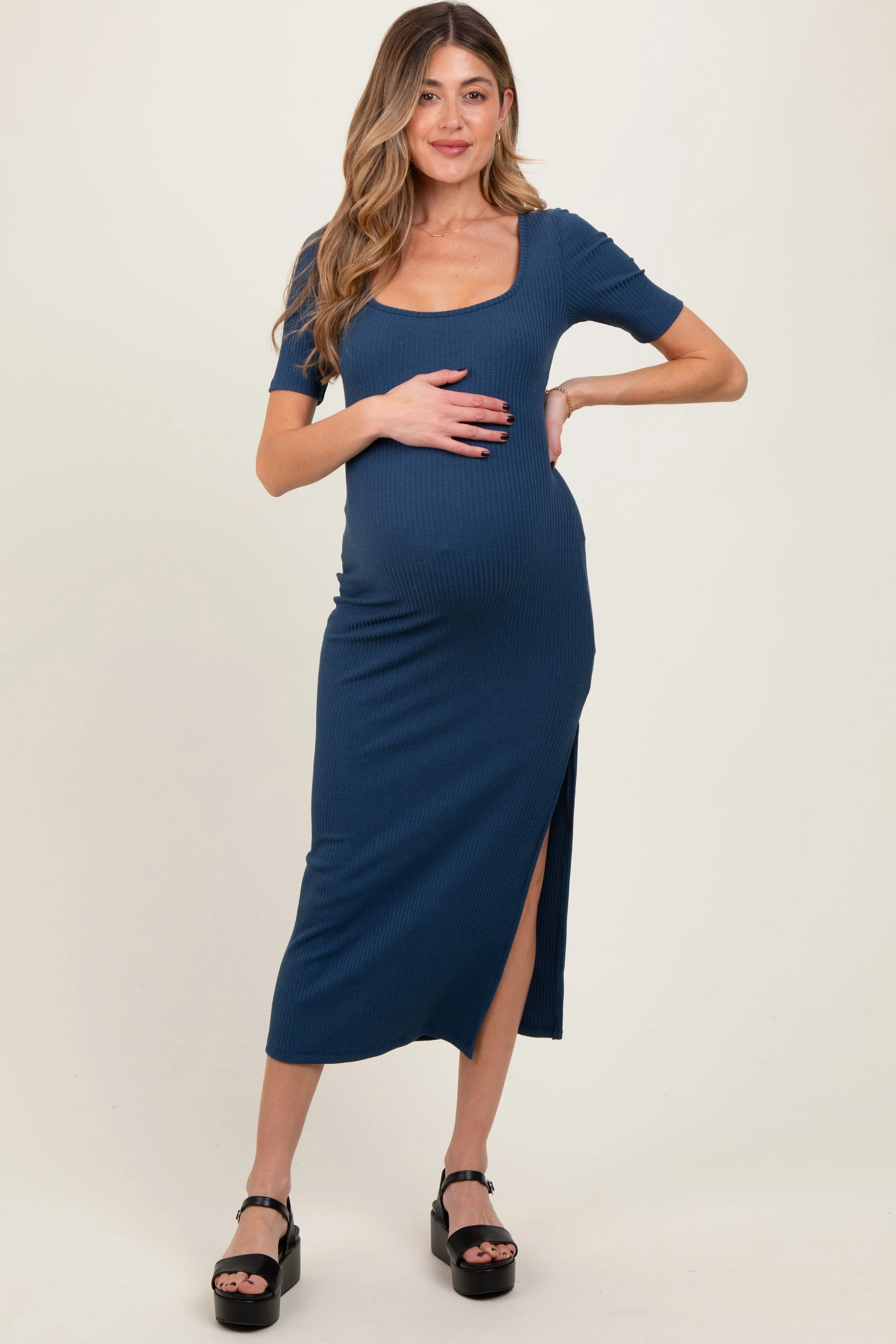 Navy Ribbed Short Sleeve Side Slit Maternity Midi Dress sold by Pinkblush product image thumbnail 2