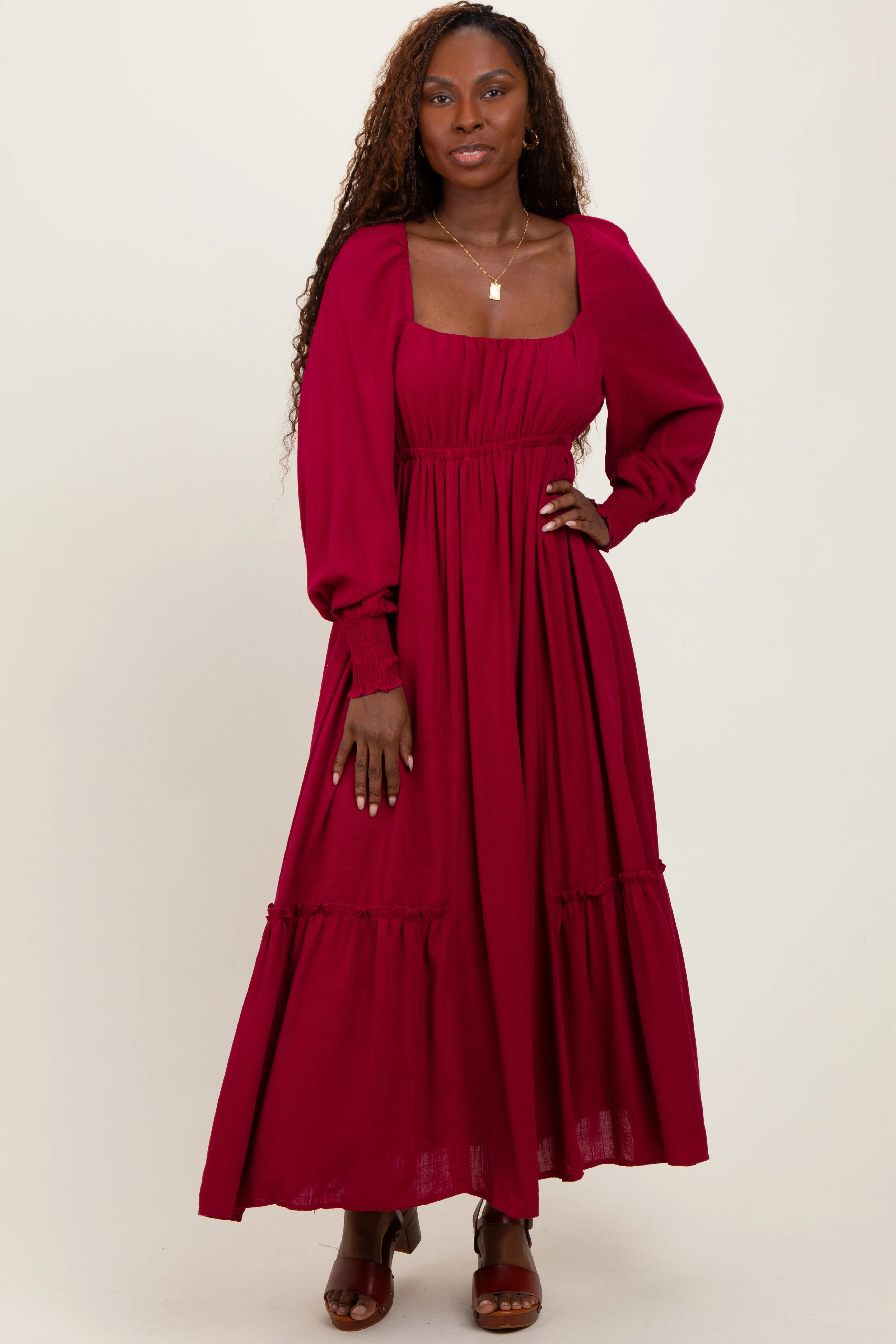 Burgundy Square Neckline Bubble Sleeve Maxi Dress sold by Pinkblush product image thumbnail 2