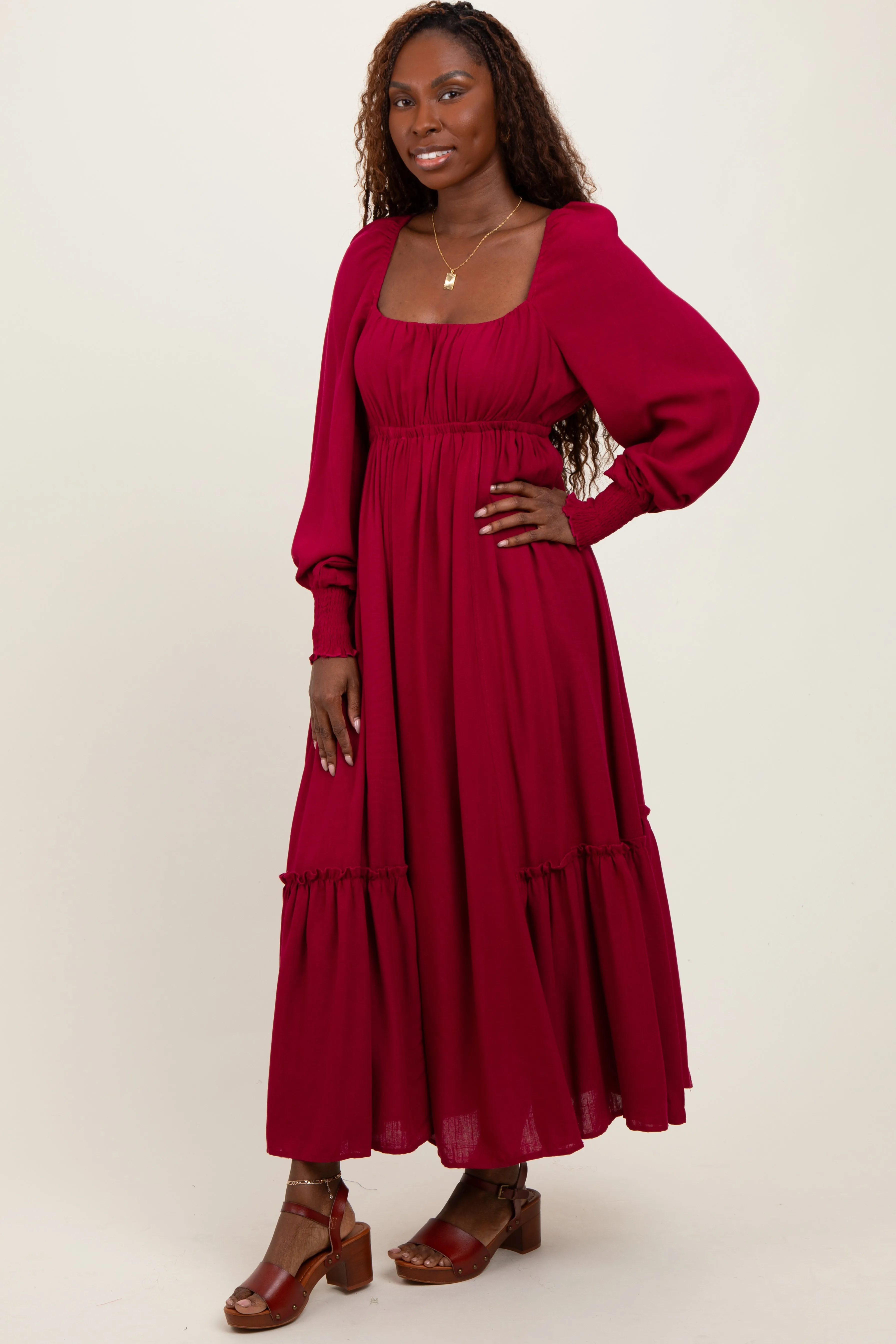 Burgundy Square Neckline Bubble Sleeve Maxi Dress sold by Pinkblush product image thumbnail 3