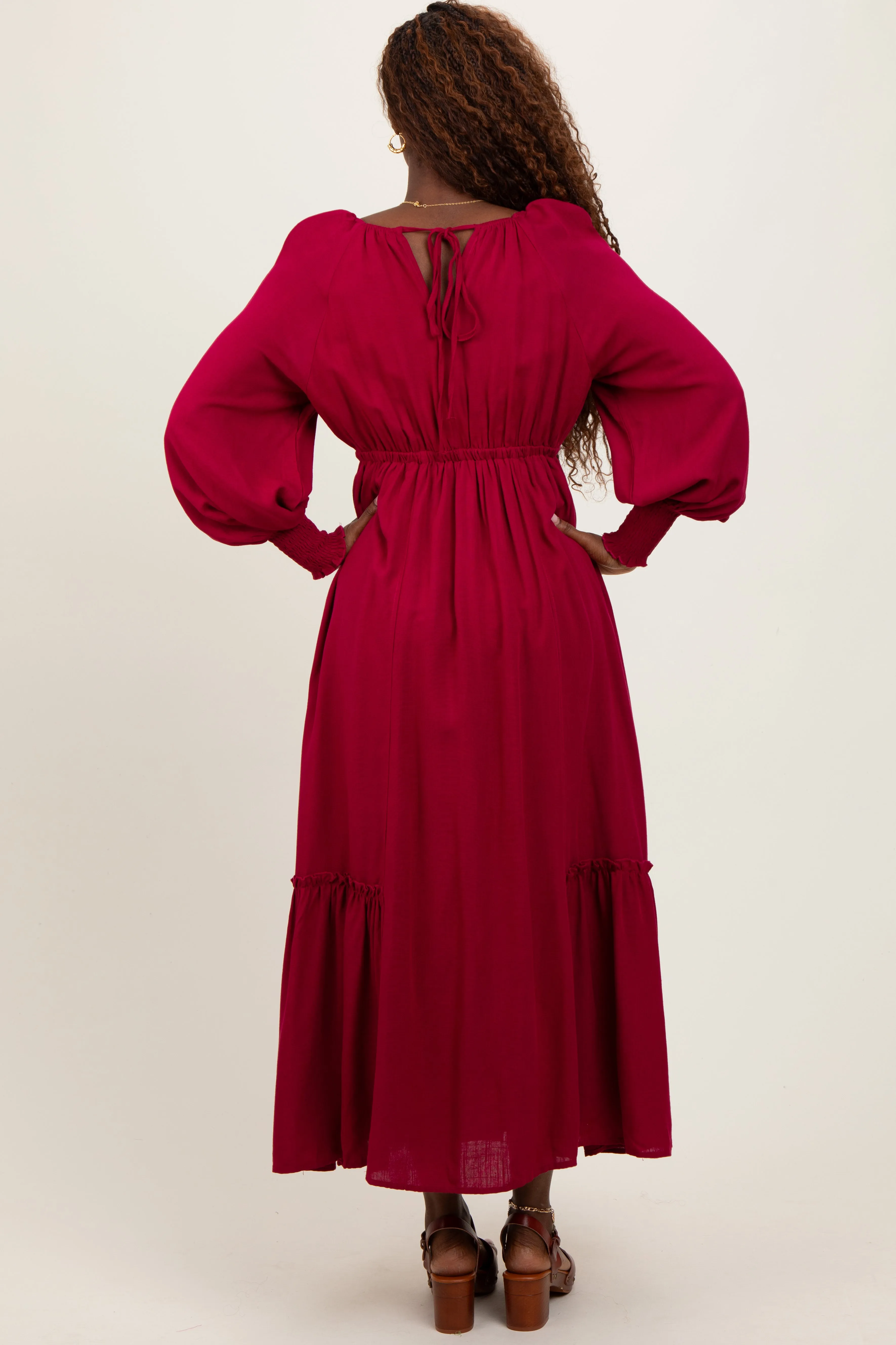Burgundy Square Neckline Bubble Sleeve Maxi Dress sold by Pinkblush product image thumbnail 4