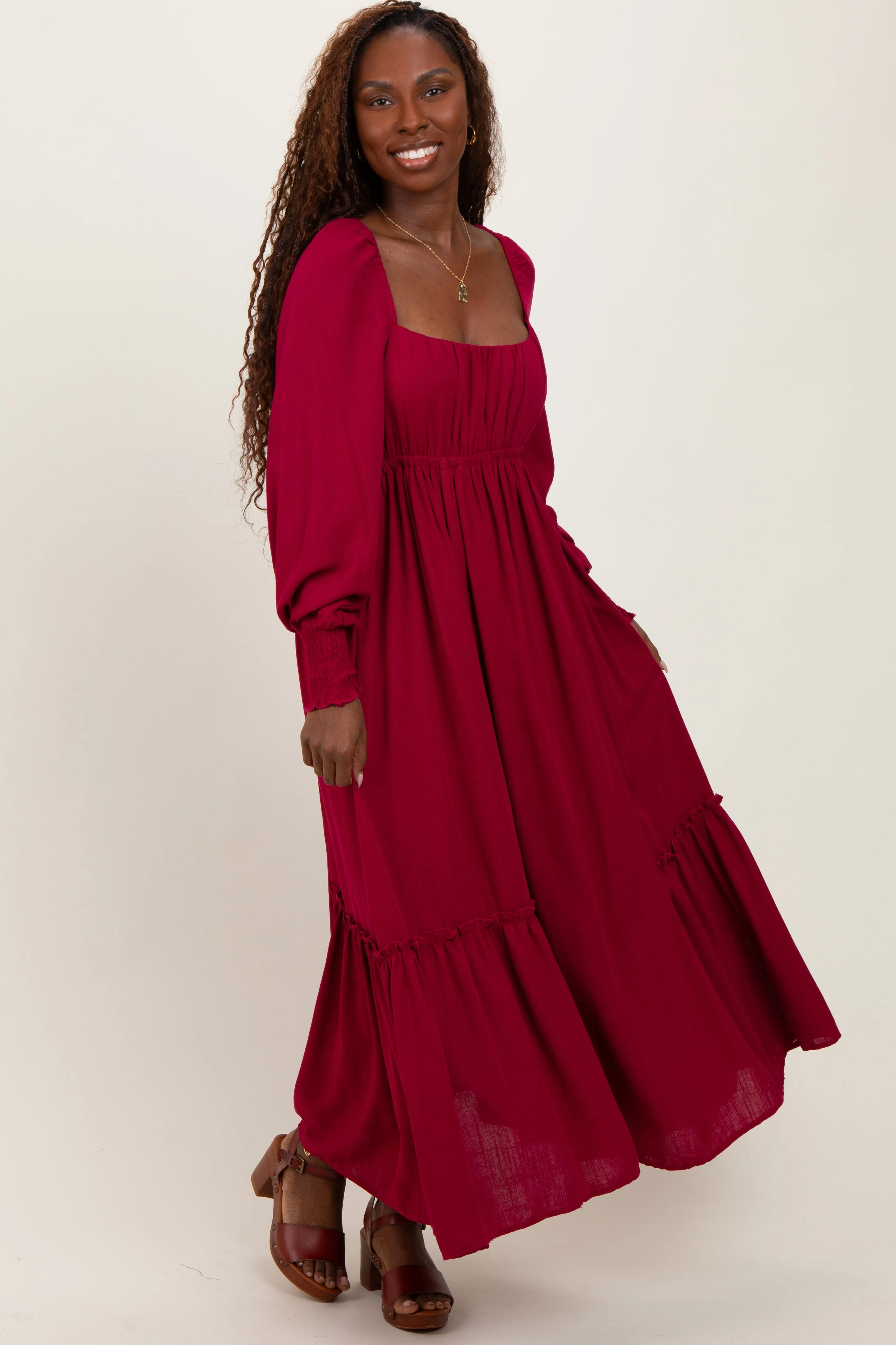 Burgundy Square Neckline Bubble Sleeve Maxi Dress sold by Pinkblush
