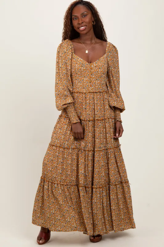 Camel Floral Button Accent Bodice Tiered Maxi Dress sold by Pinkblush