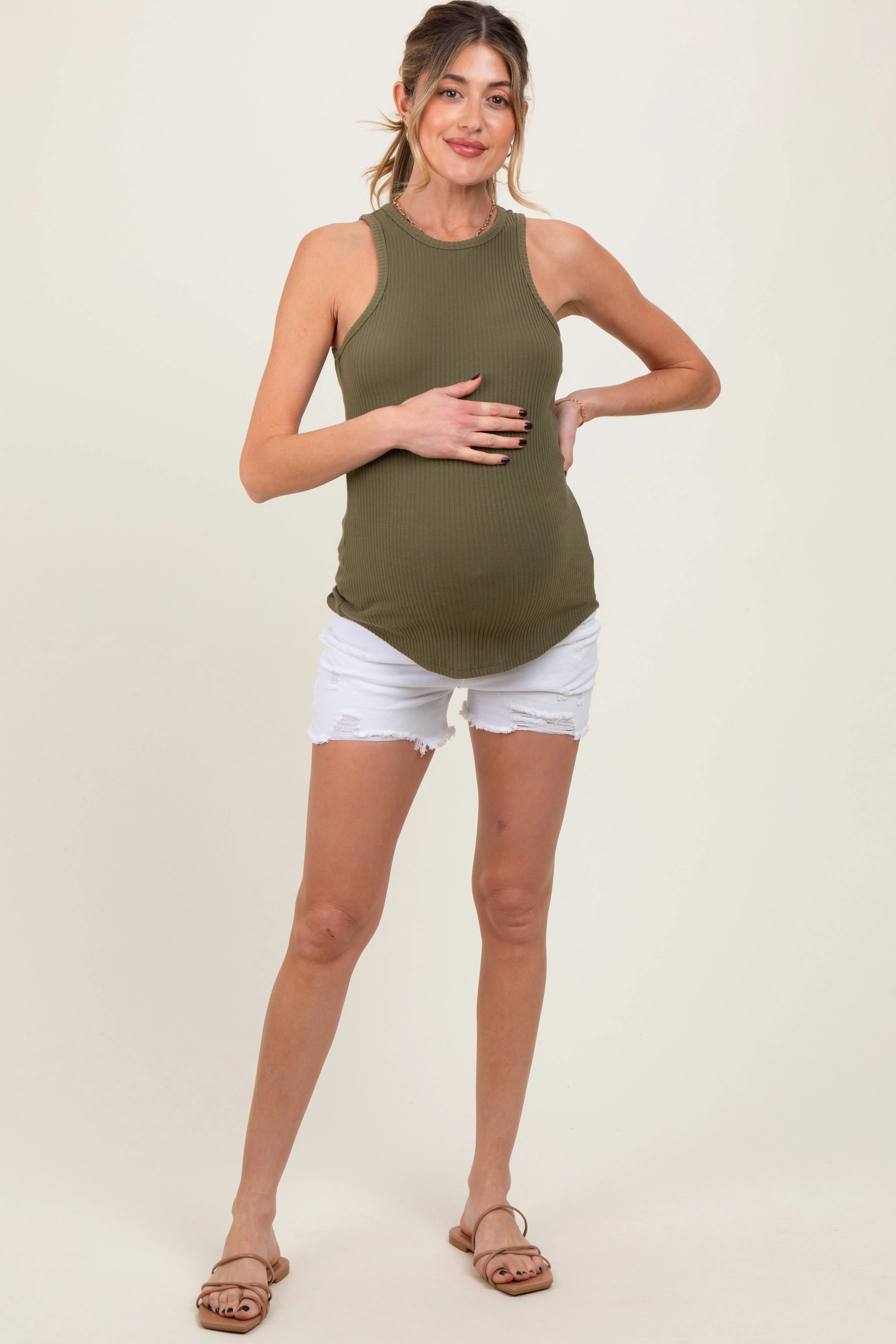 White Distressed Fringe Hem Maternity Jean Shorts sold by Pinkblush product image thumbnail 2