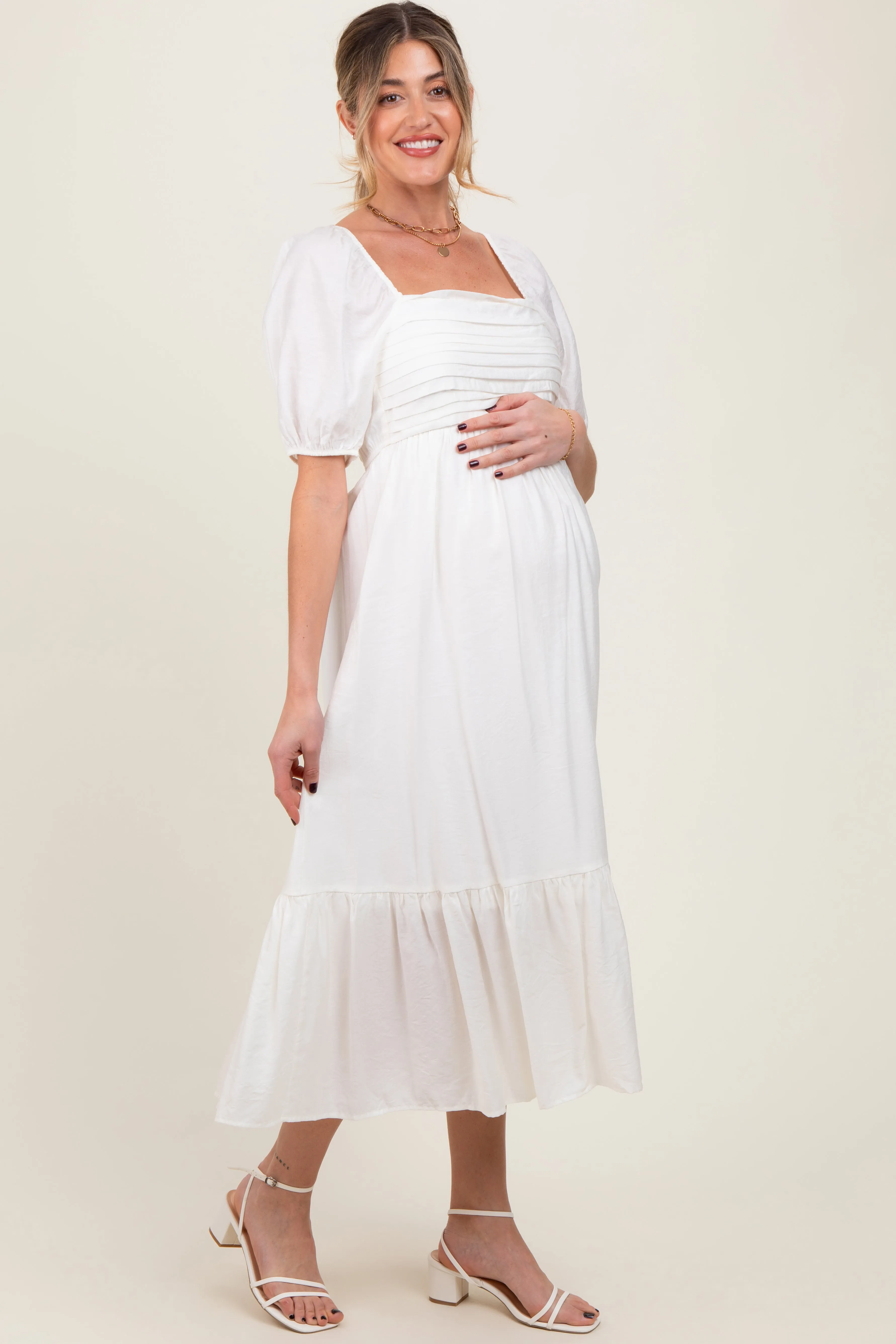White Pleated Bodice Puff Sleeve Maternity Midi Dress sold by Pinkblush product image thumbnail 3