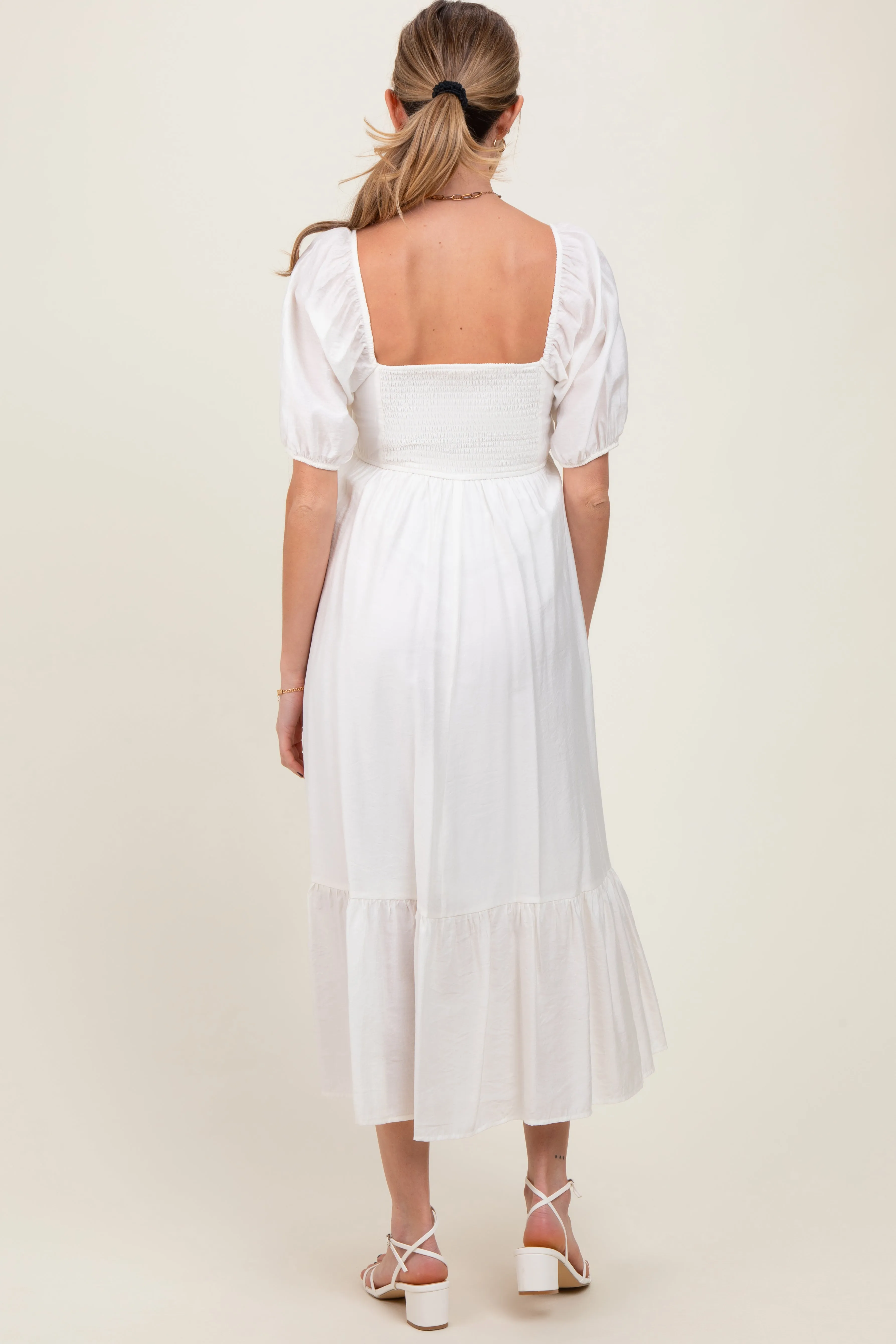 White Pleated Bodice Puff Sleeve Maternity Midi Dress sold by Pinkblush product image thumbnail 4