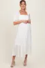 White Pleated Bodice Puff Sleeve Maternity Midi Dress sold by Pinkblush