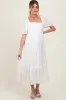 White Pleated Bodice Puff Sleeve Maternity Midi Dress sold by Pinkblush