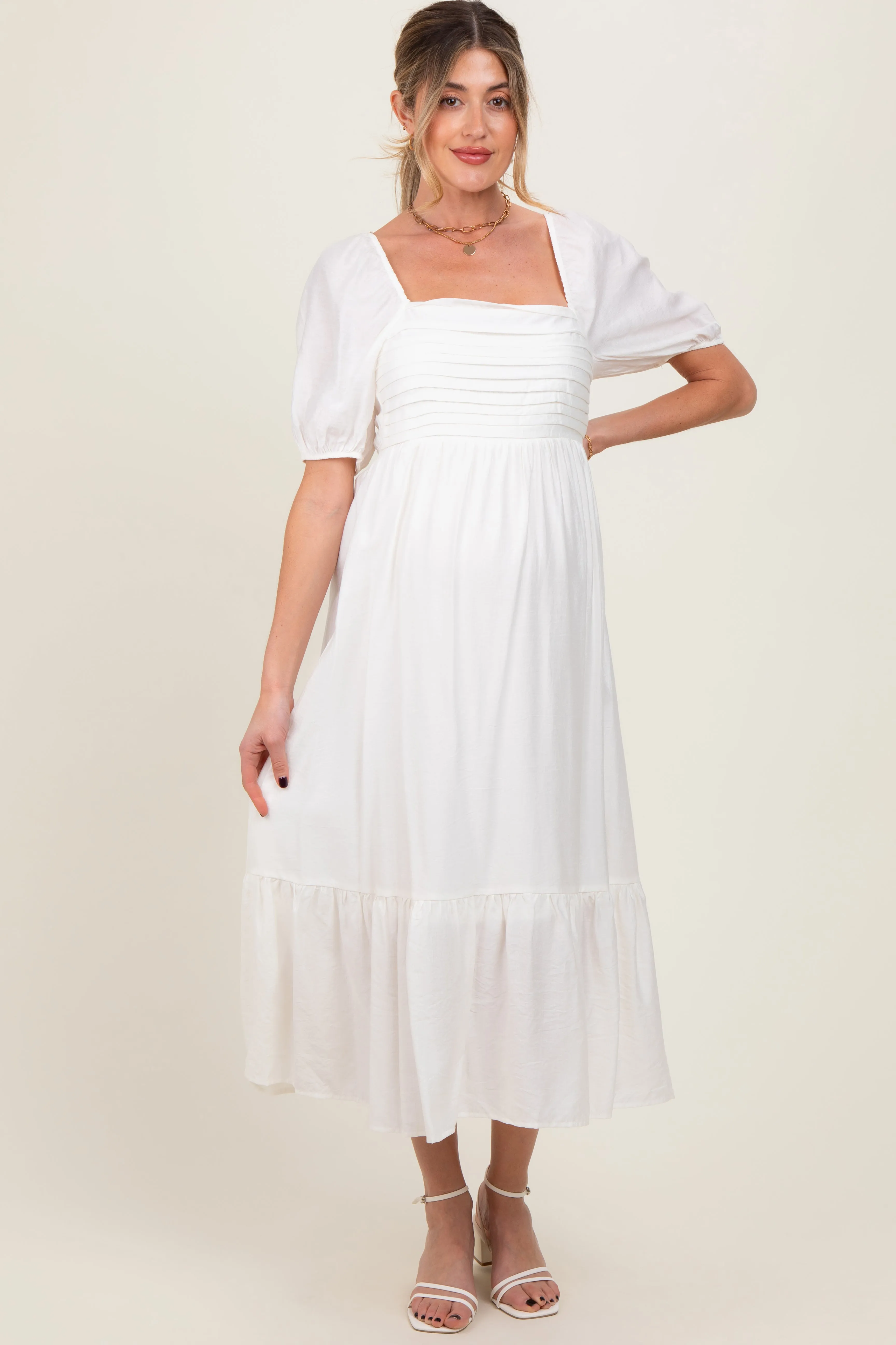 White Pleated Bodice Puff Sleeve Maternity Midi Dress sold by Pinkblush product image thumbnail 2
