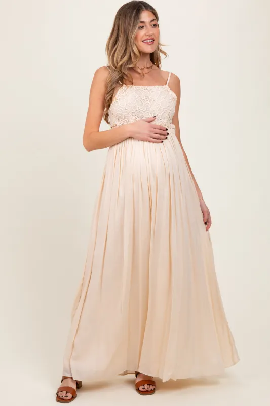Beige Lace Bodice Cutout Tie Back Maternity Maxi Dress sold by Pinkblush