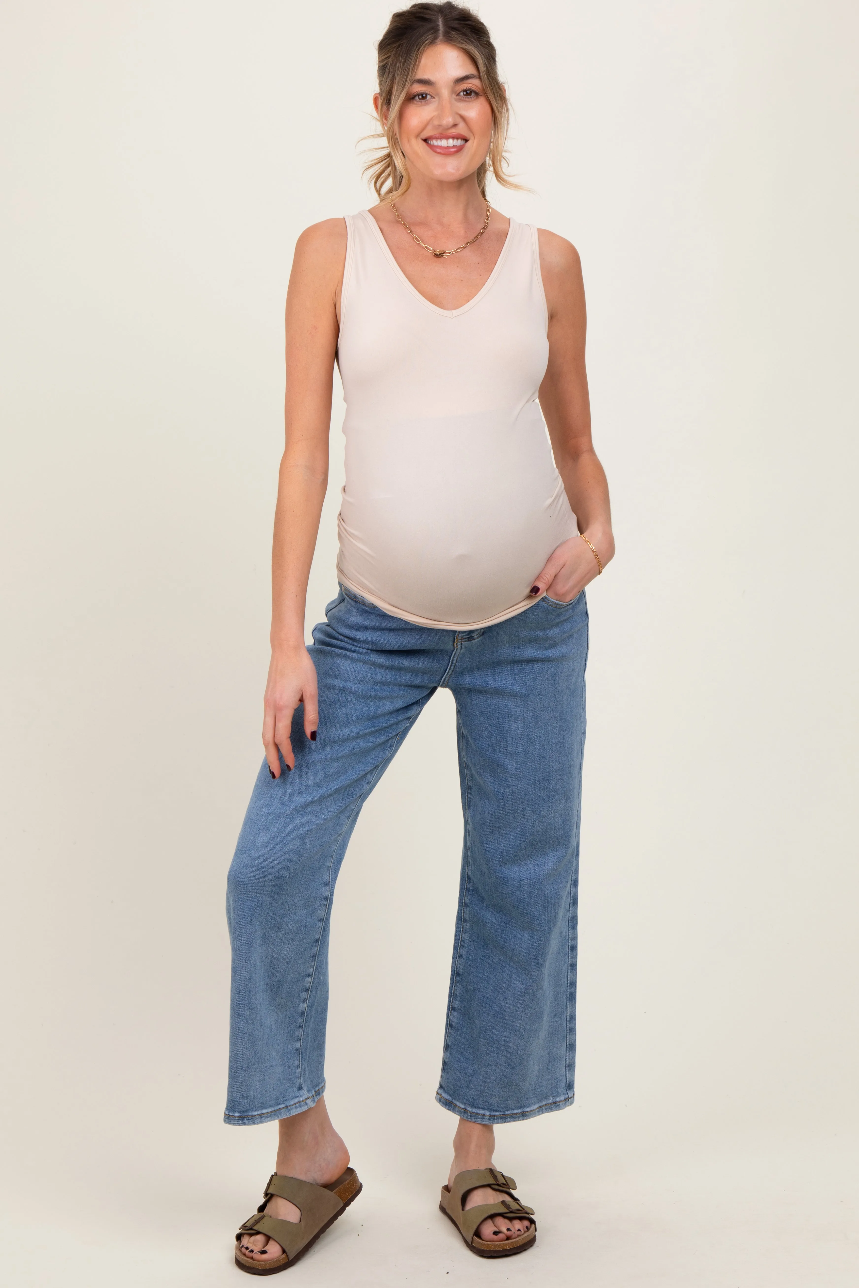 Light Wash Cropped Denim Maternity Jeans sold by Pinkblush