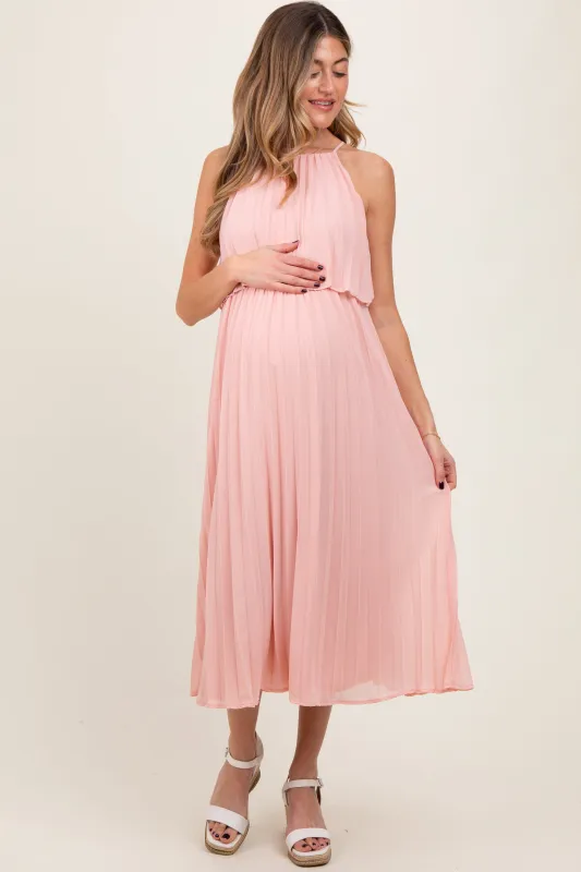 Pink Pleated Woven Maternity Midi Dress sold by Pinkblush