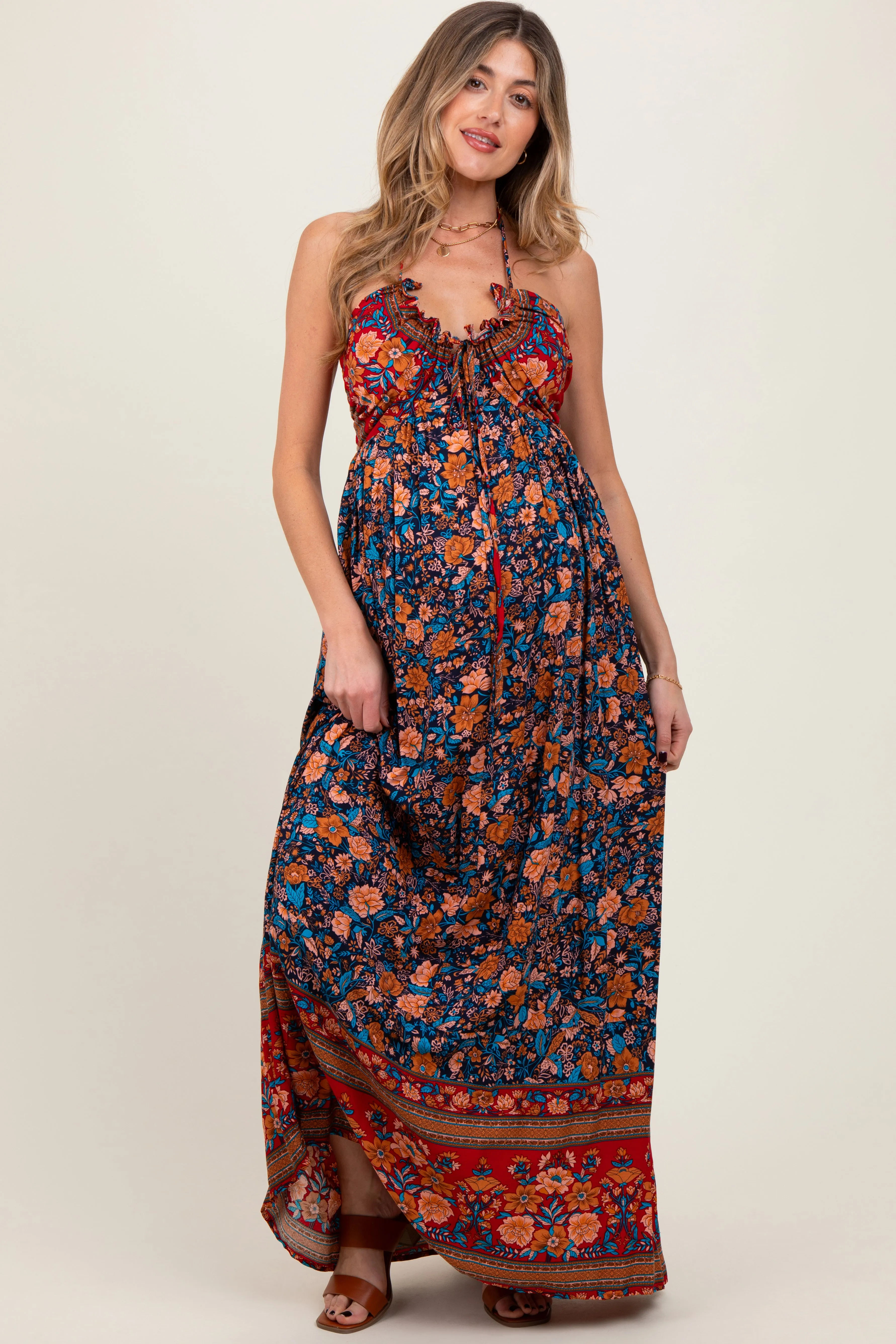 Navy Floral Colorblock Halter Tie Back Maternity Maxi Dress sold by Pinkblush product image thumbnail 2