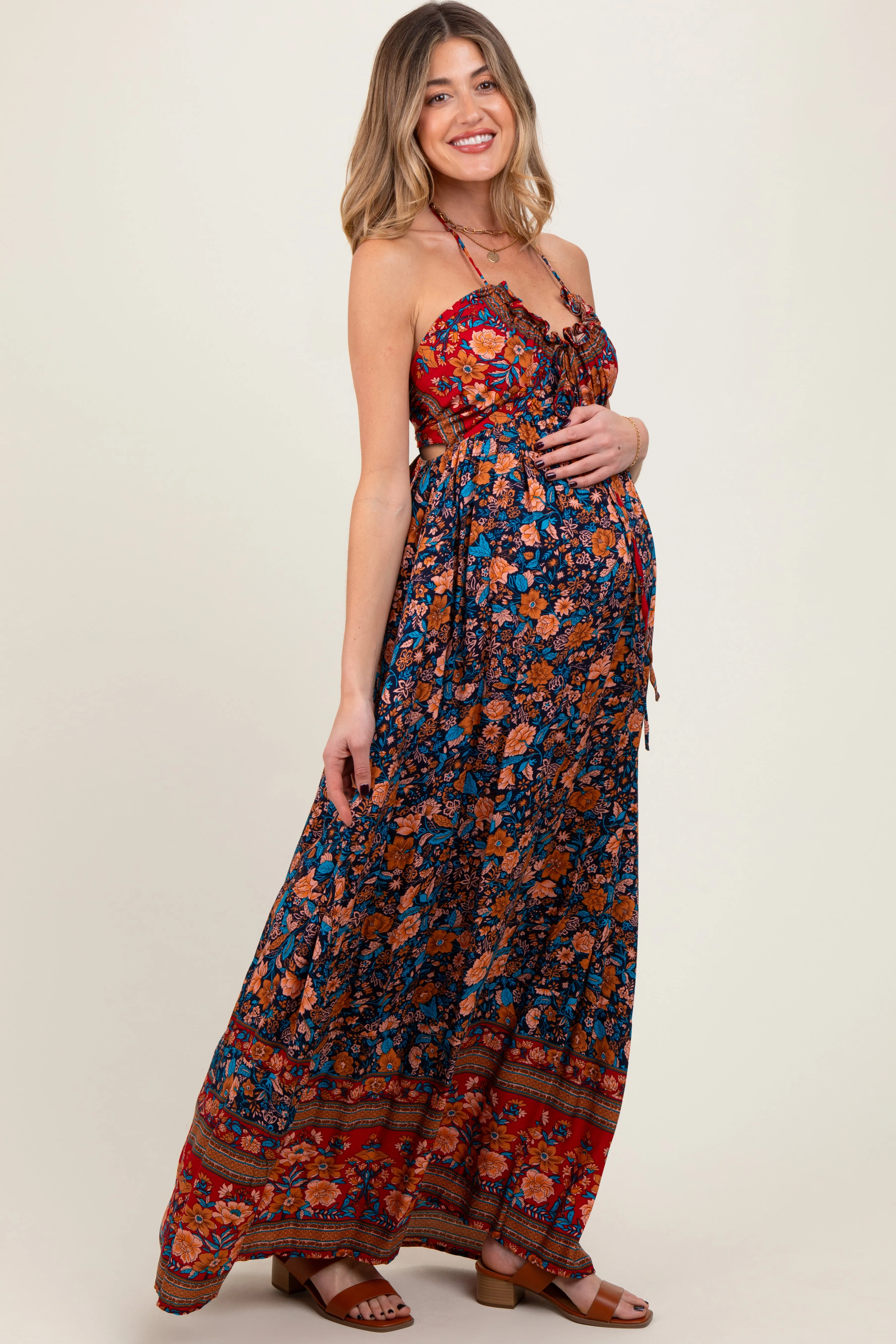 Navy Floral Colorblock Halter Tie Back Maternity Maxi Dress sold by Pinkblush product image thumbnail 3