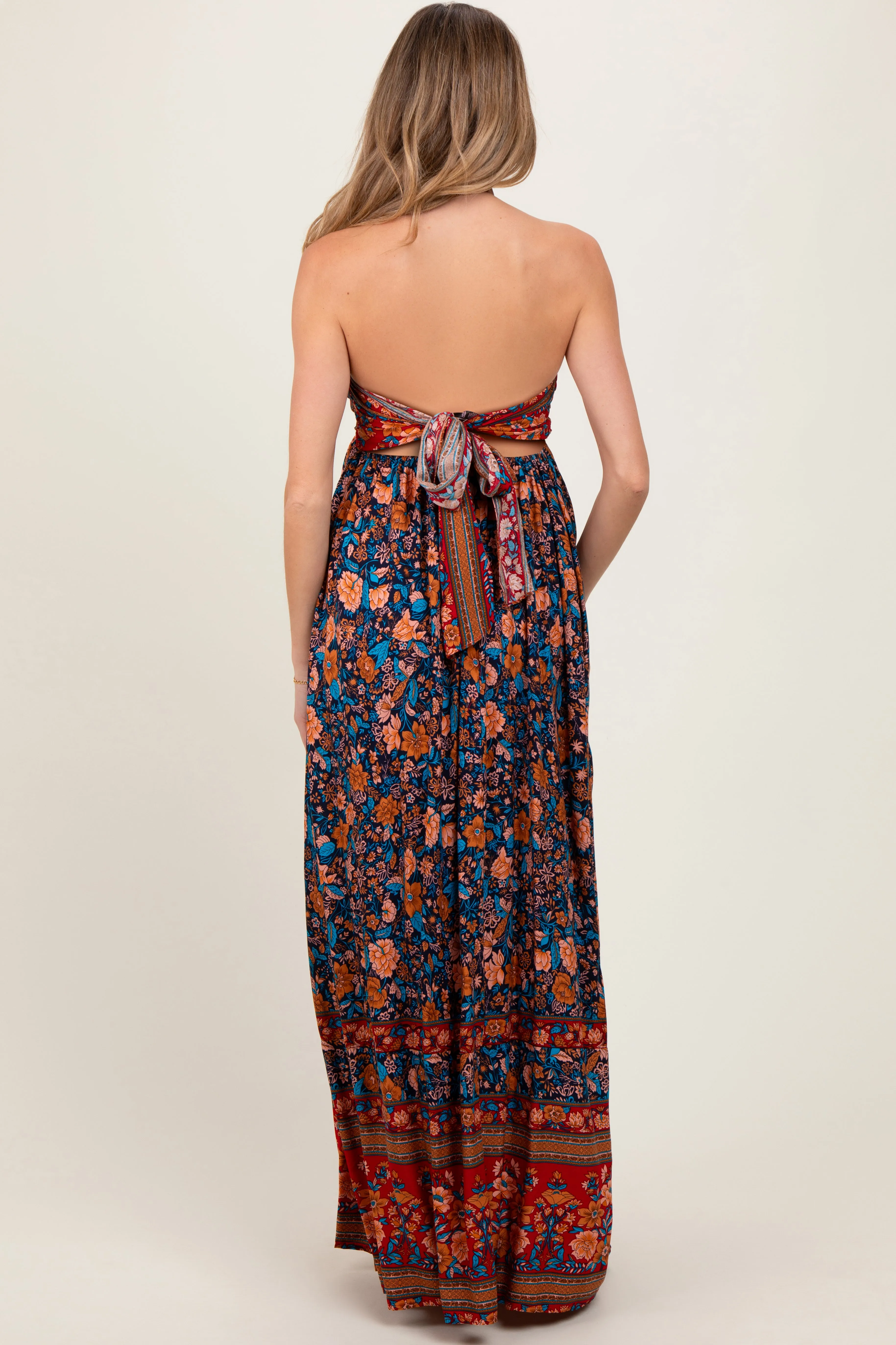 Navy Floral Colorblock Halter Tie Back Maternity Maxi Dress sold by Pinkblush product image thumbnail 4