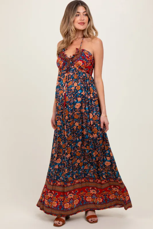 Navy Floral Colorblock Halter Tie Back Maternity Maxi Dress sold by Pinkblush