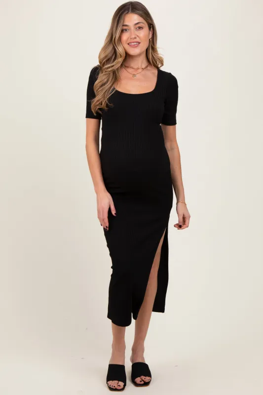 Black Ribbed Short Sleeve Side Slit Maternity Midi Dress sold by Pinkblush