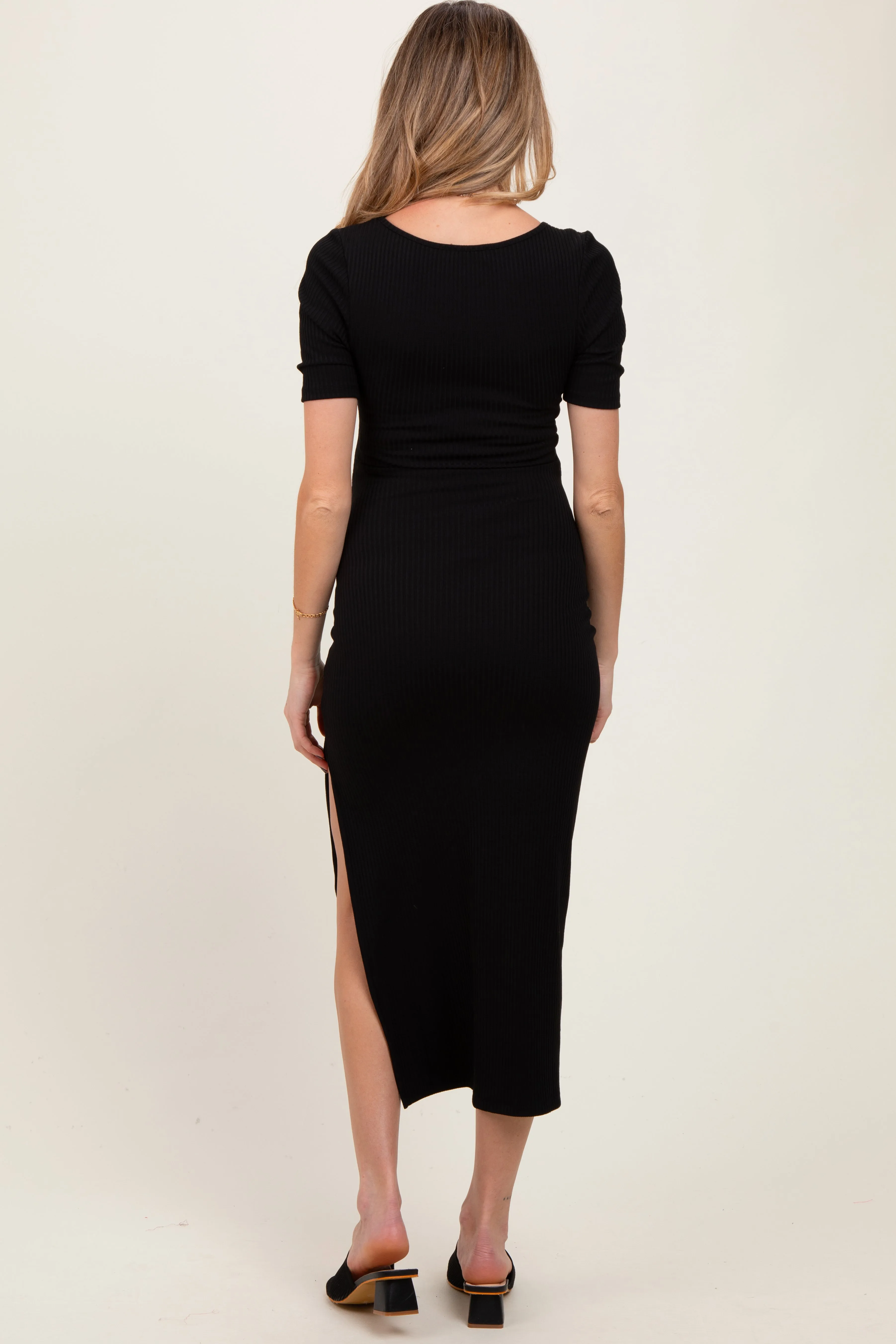 Black Ribbed Short Sleeve Side Slit Maternity Midi Dress sold by Pinkblush product image thumbnail 4