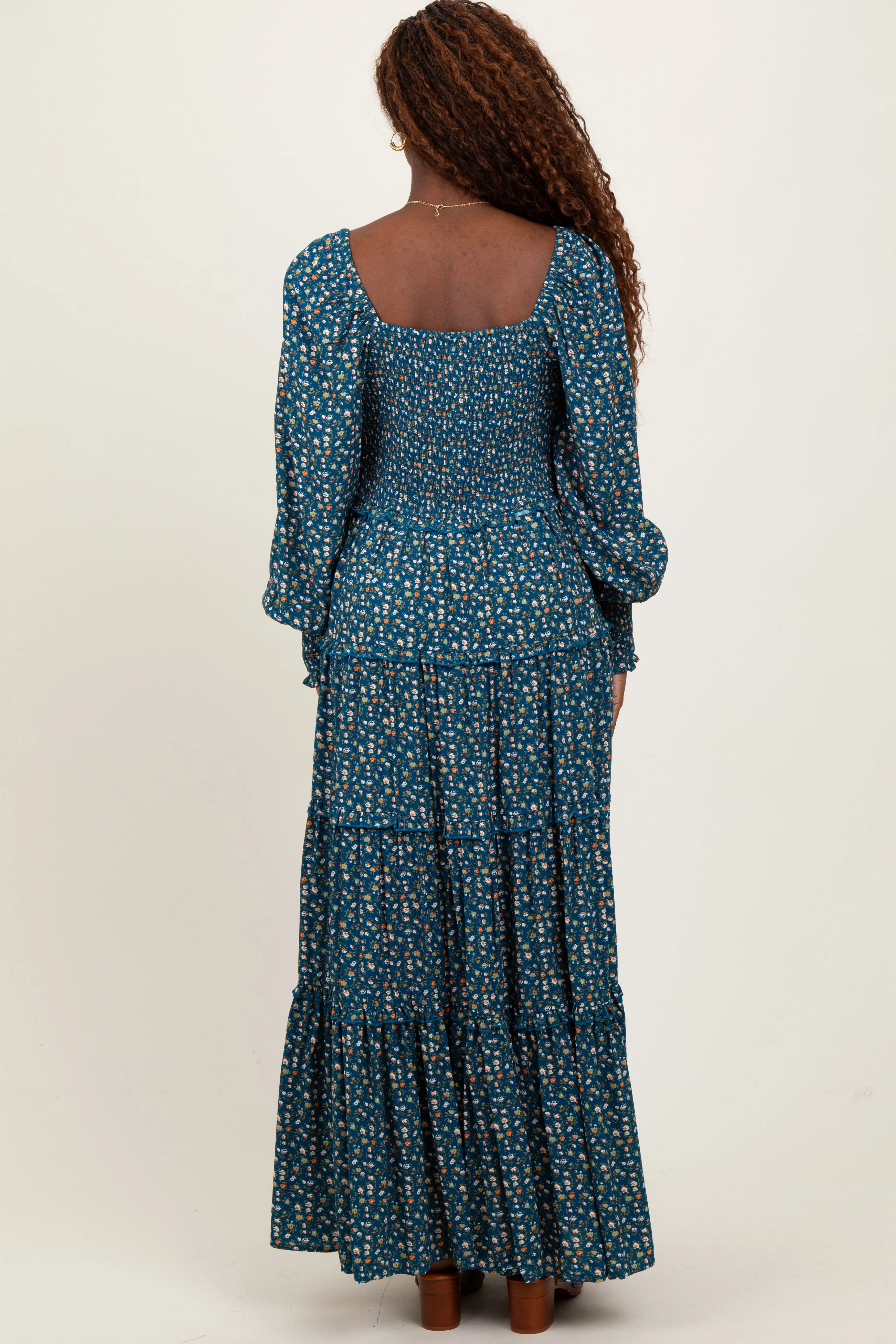 Teal Floral Button Accent Bodice Tiered Maxi Dress sold by Pinkblush product image thumbnail 3