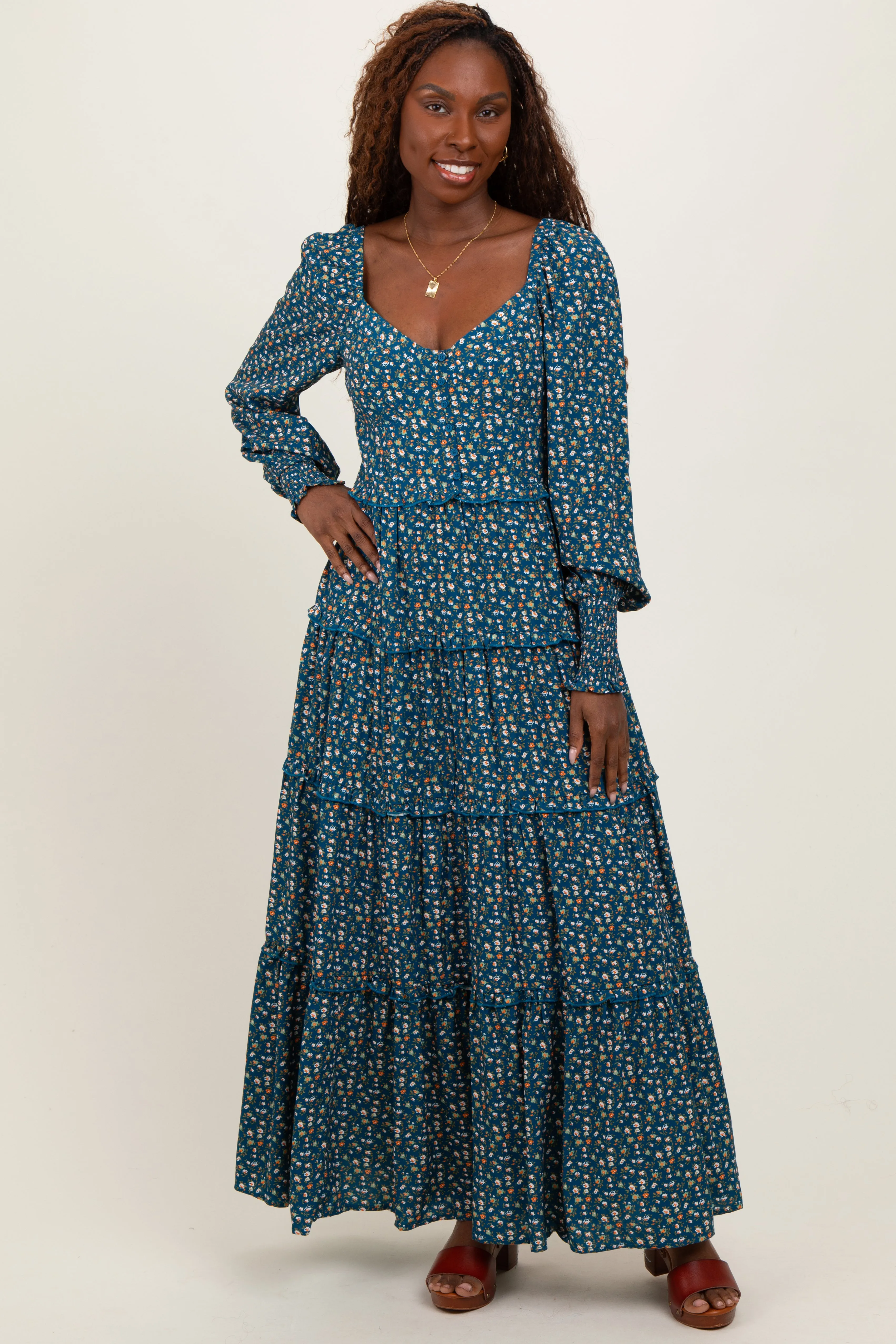 Teal Floral Button Accent Bodice Tiered Maxi Dress sold by Pinkblush