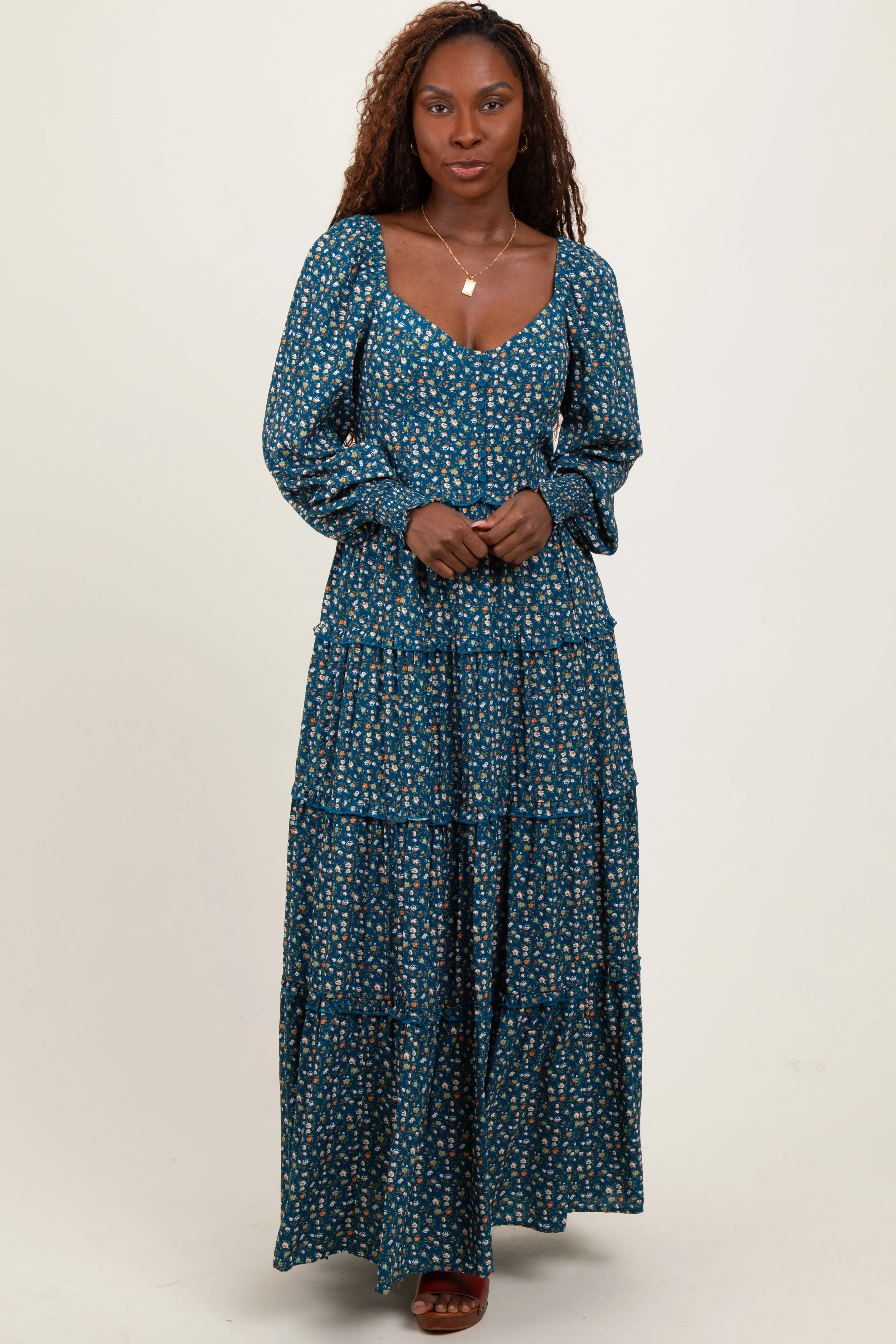 Teal Floral Button Accent Bodice Tiered Maxi Dress sold by Pinkblush product image thumbnail 2