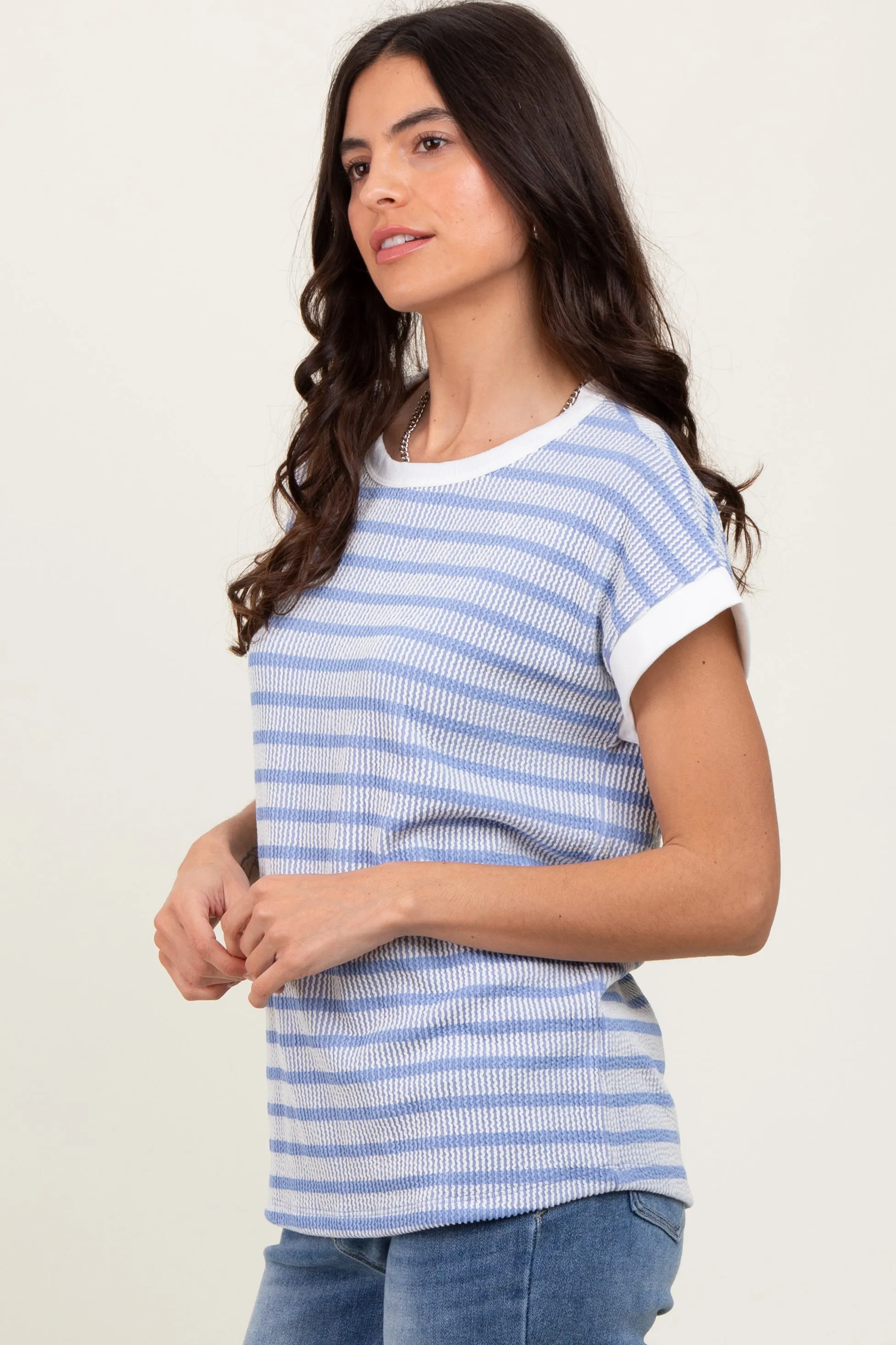Blue Textured Striped Short Sleeve Top sold by Pinkblush product image thumbnail 3