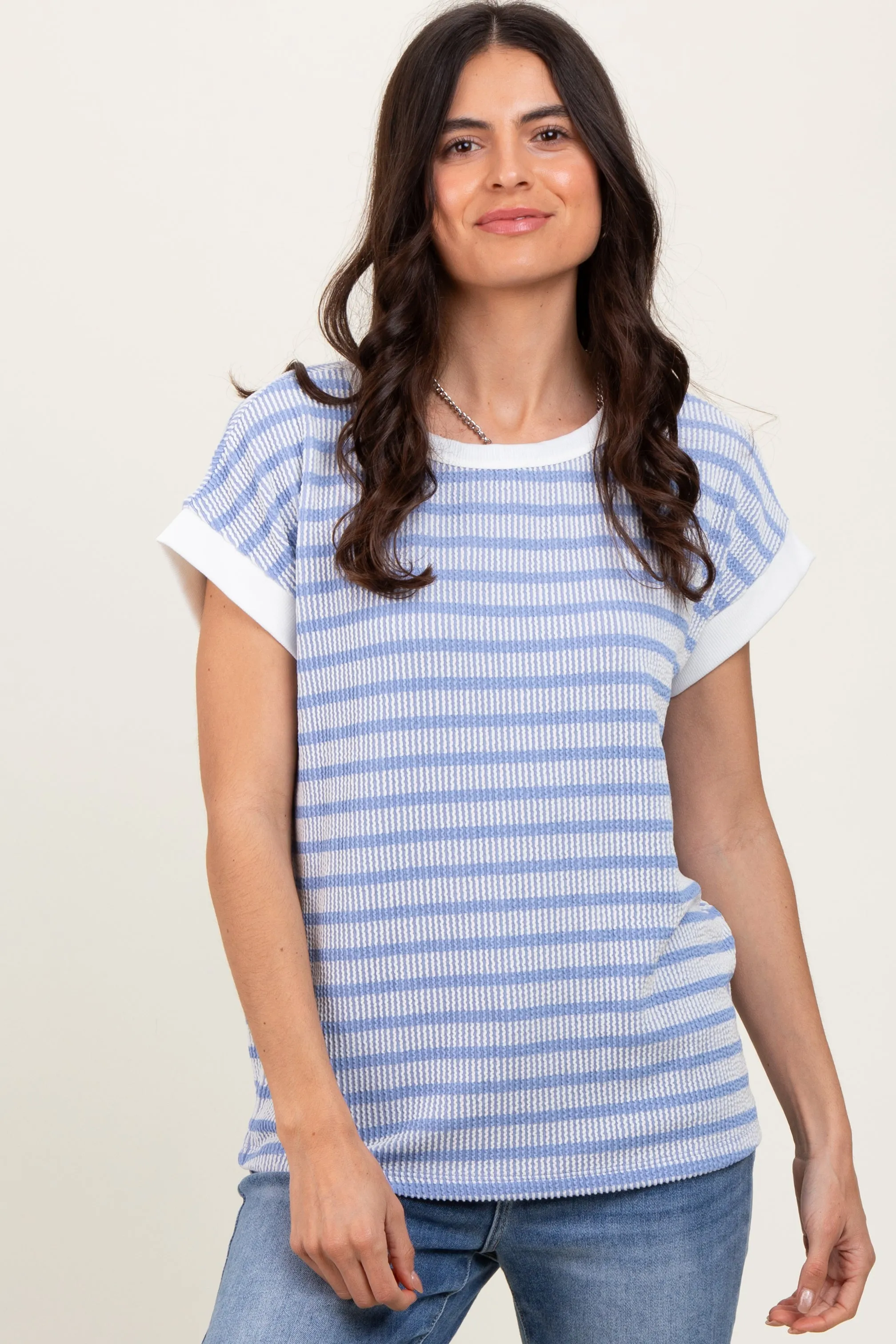 Blue Textured Striped Short Sleeve Top sold by Pinkblush