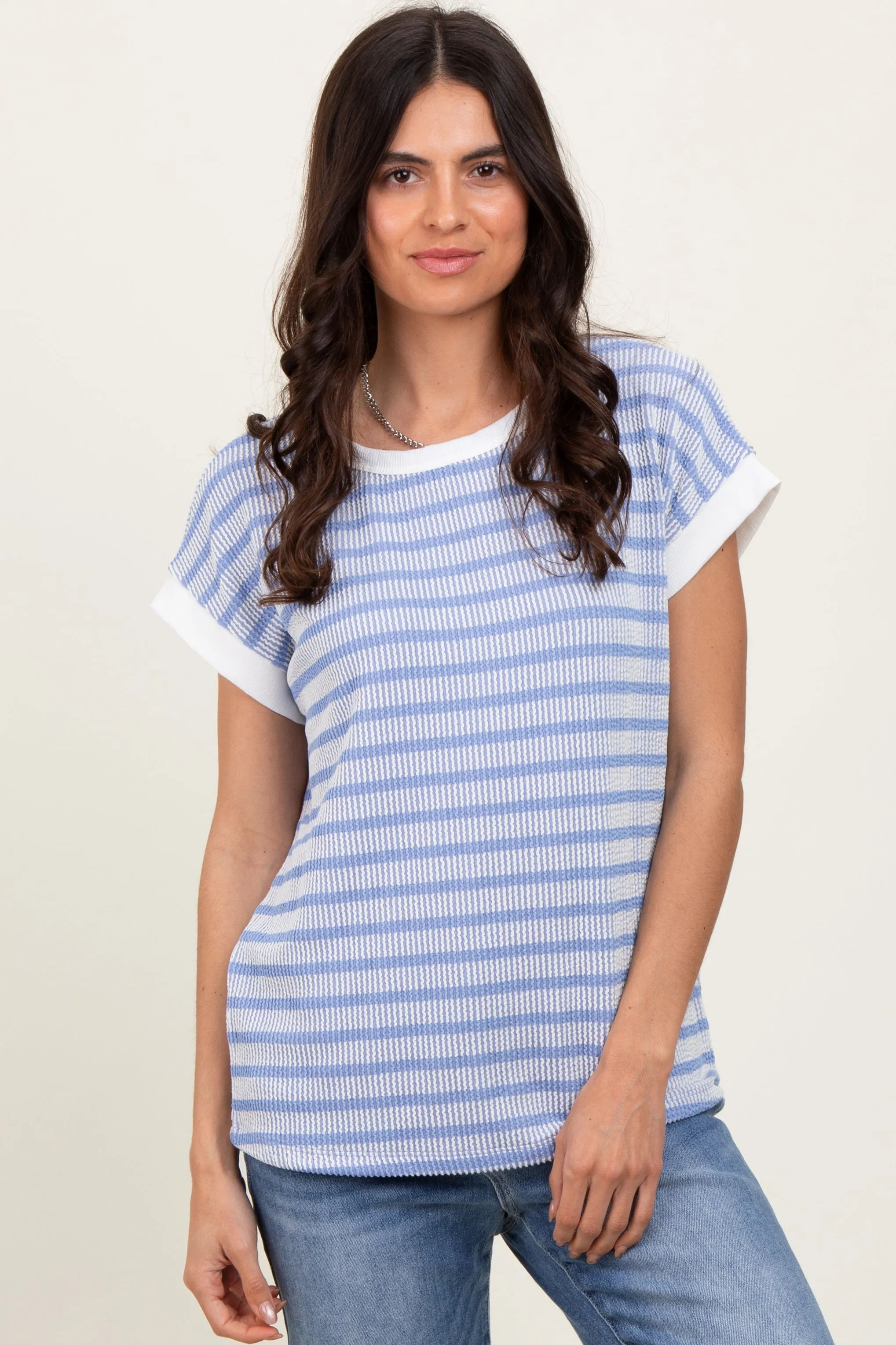 Blue Textured Striped Short Sleeve Top sold by Pinkblush product image thumbnail 2