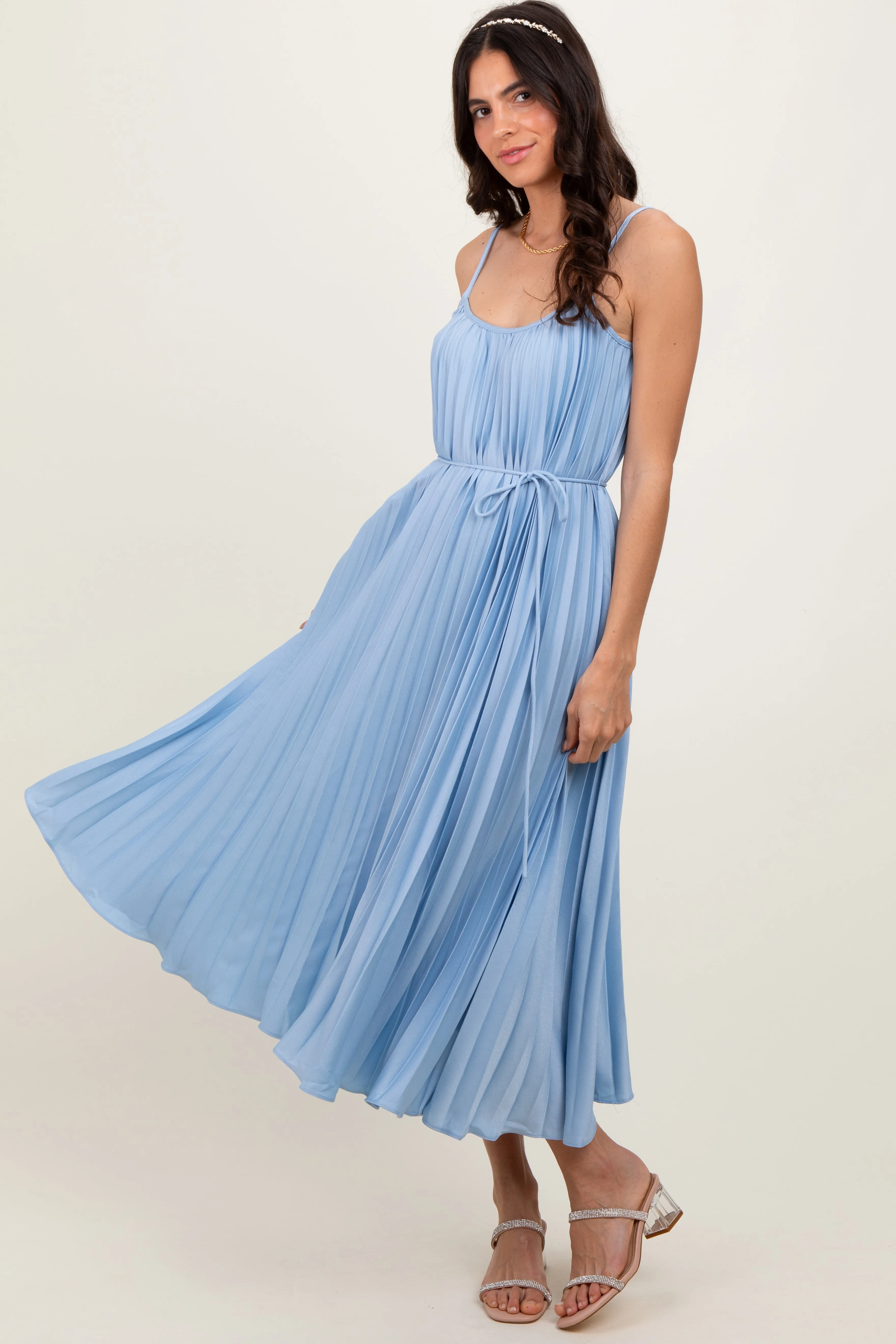 Light Blue Pleated Sash Tie Midi Dress sold by Pinkblush product image thumbnail 2