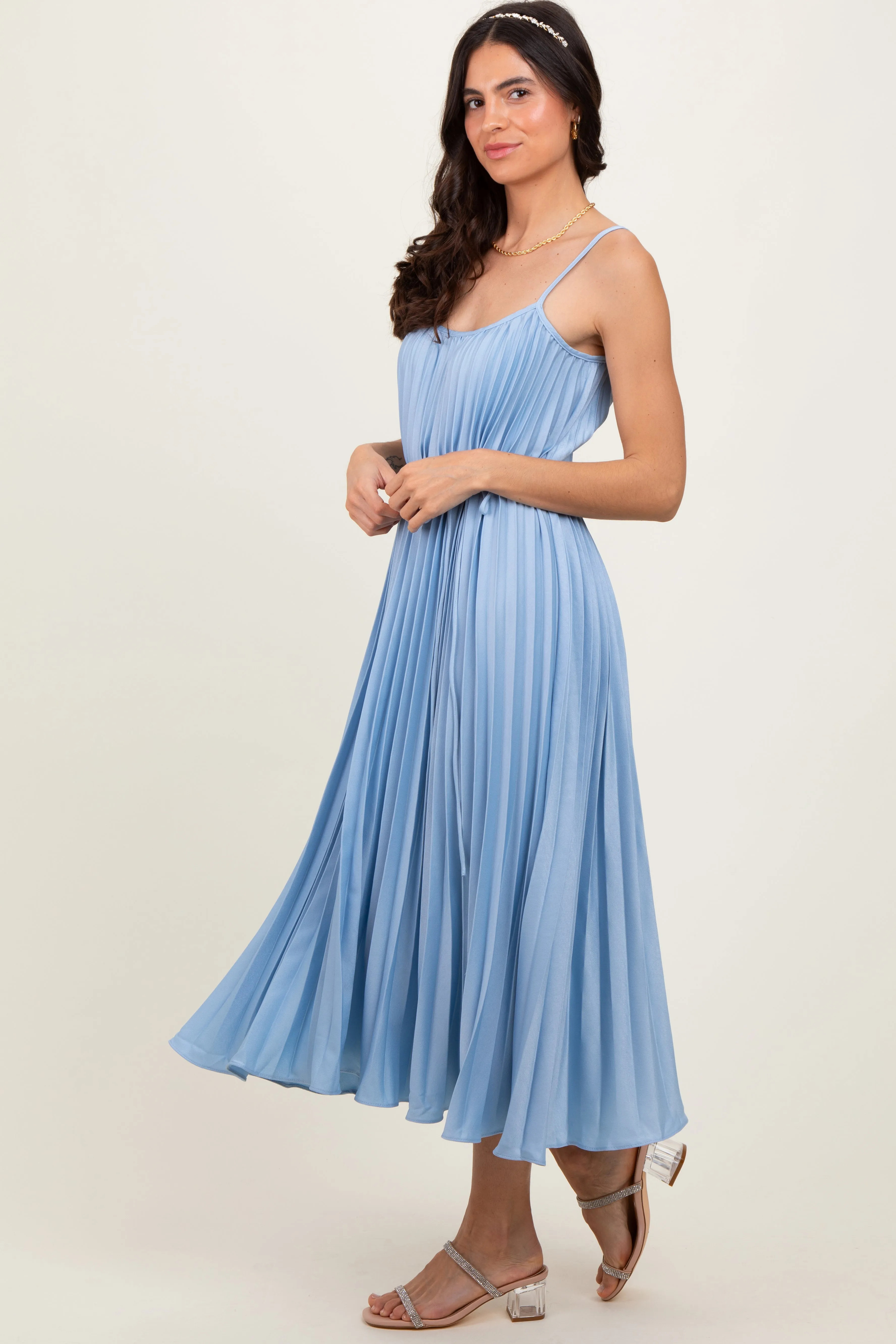 Light Blue Pleated Sash Tie Midi Dress sold by Pinkblush product image thumbnail 3