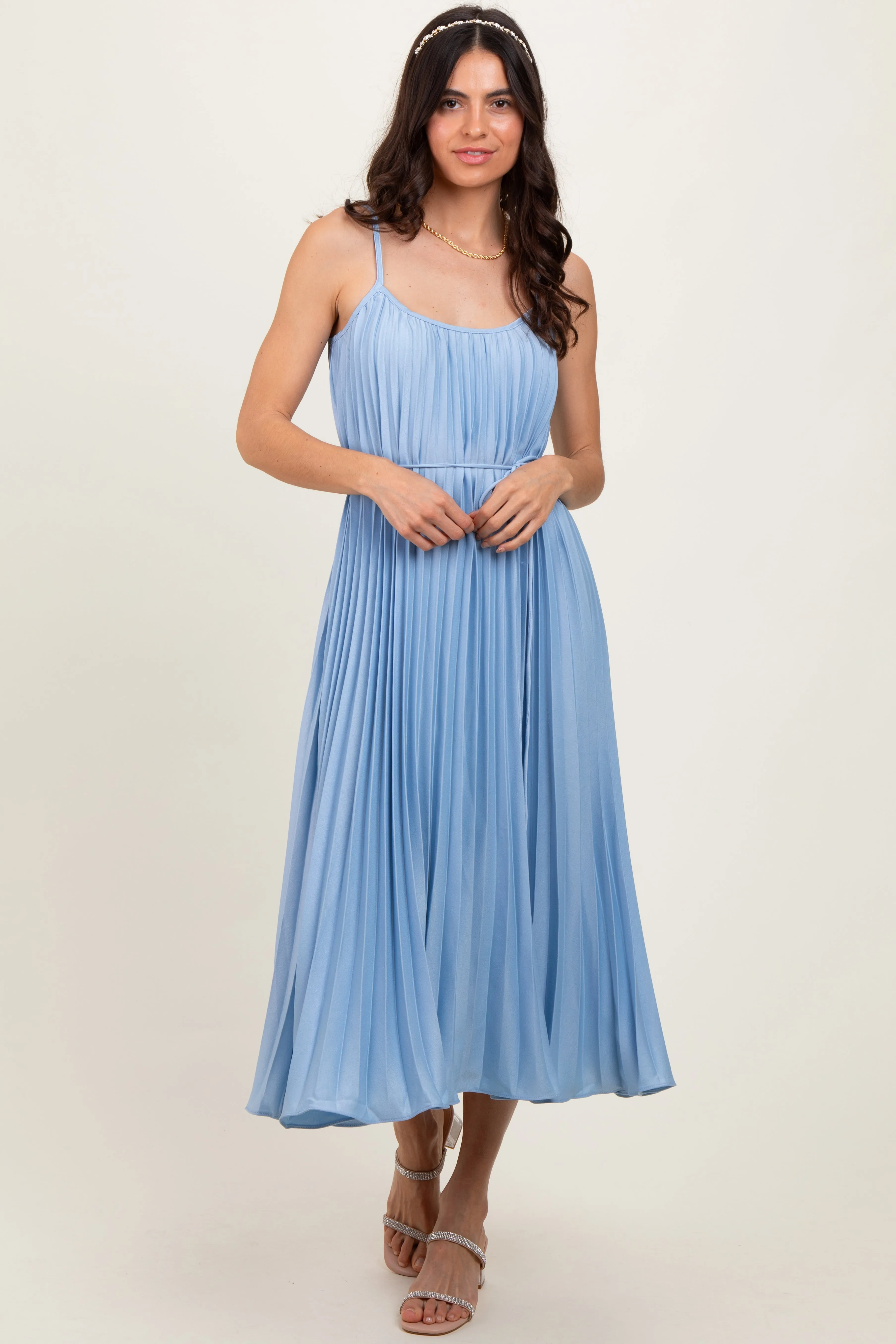 Light Blue Pleated Sash Tie Midi Dress sold by Pinkblush