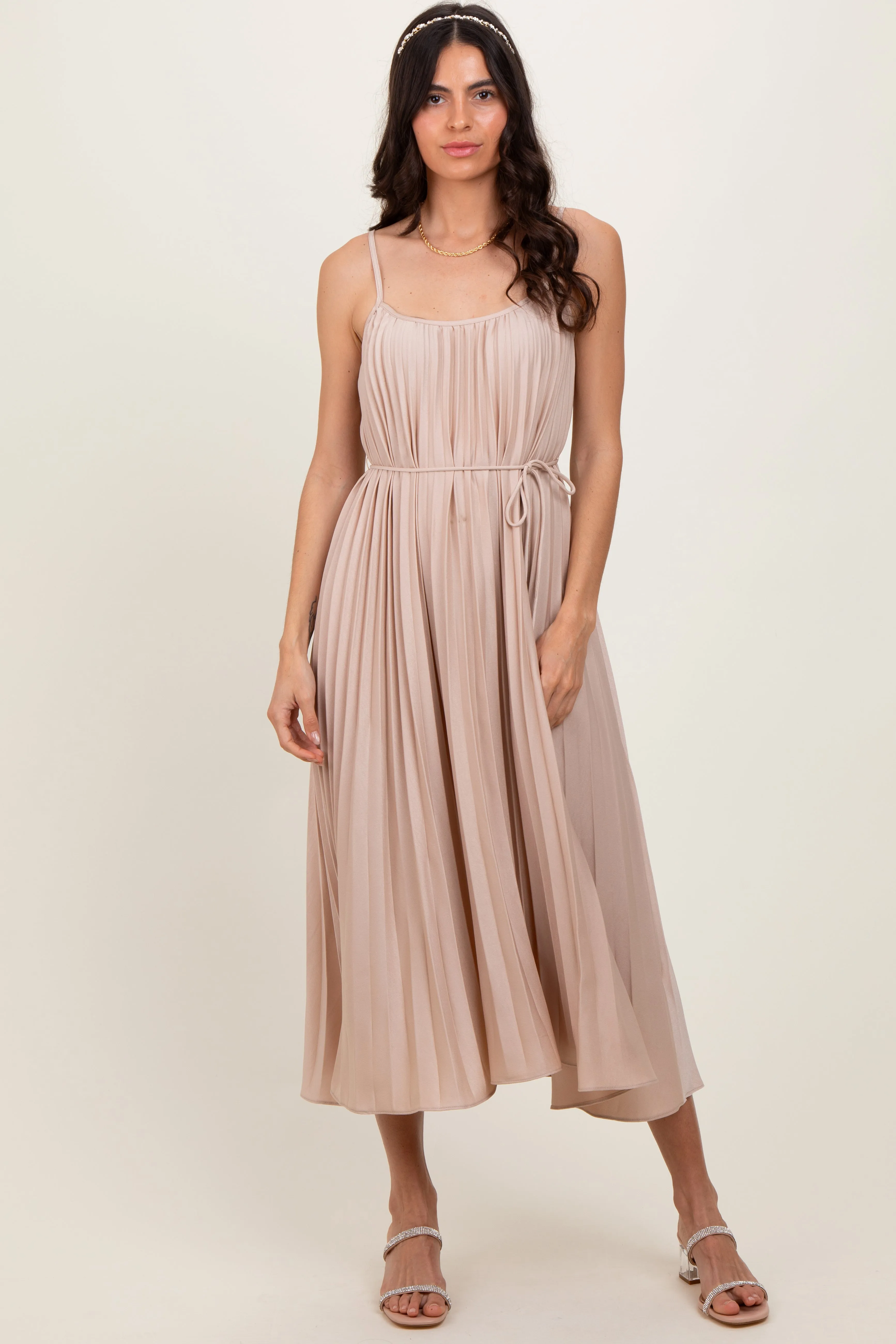 Beige Pleated Sash Tie Midi Dress sold by Pinkblush product image thumbnail 2