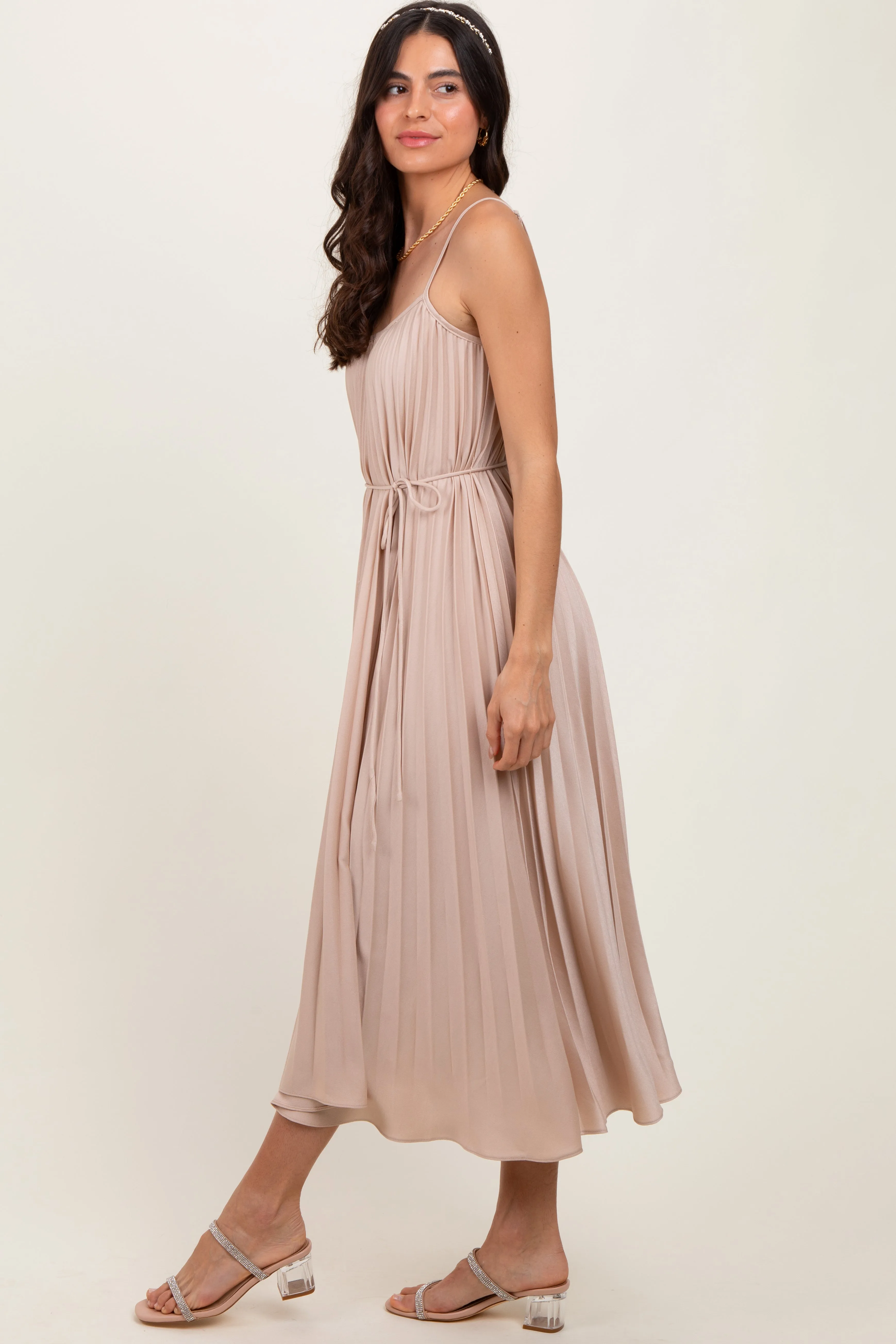 Beige Pleated Sash Tie Midi Dress sold by Pinkblush product image thumbnail 3
