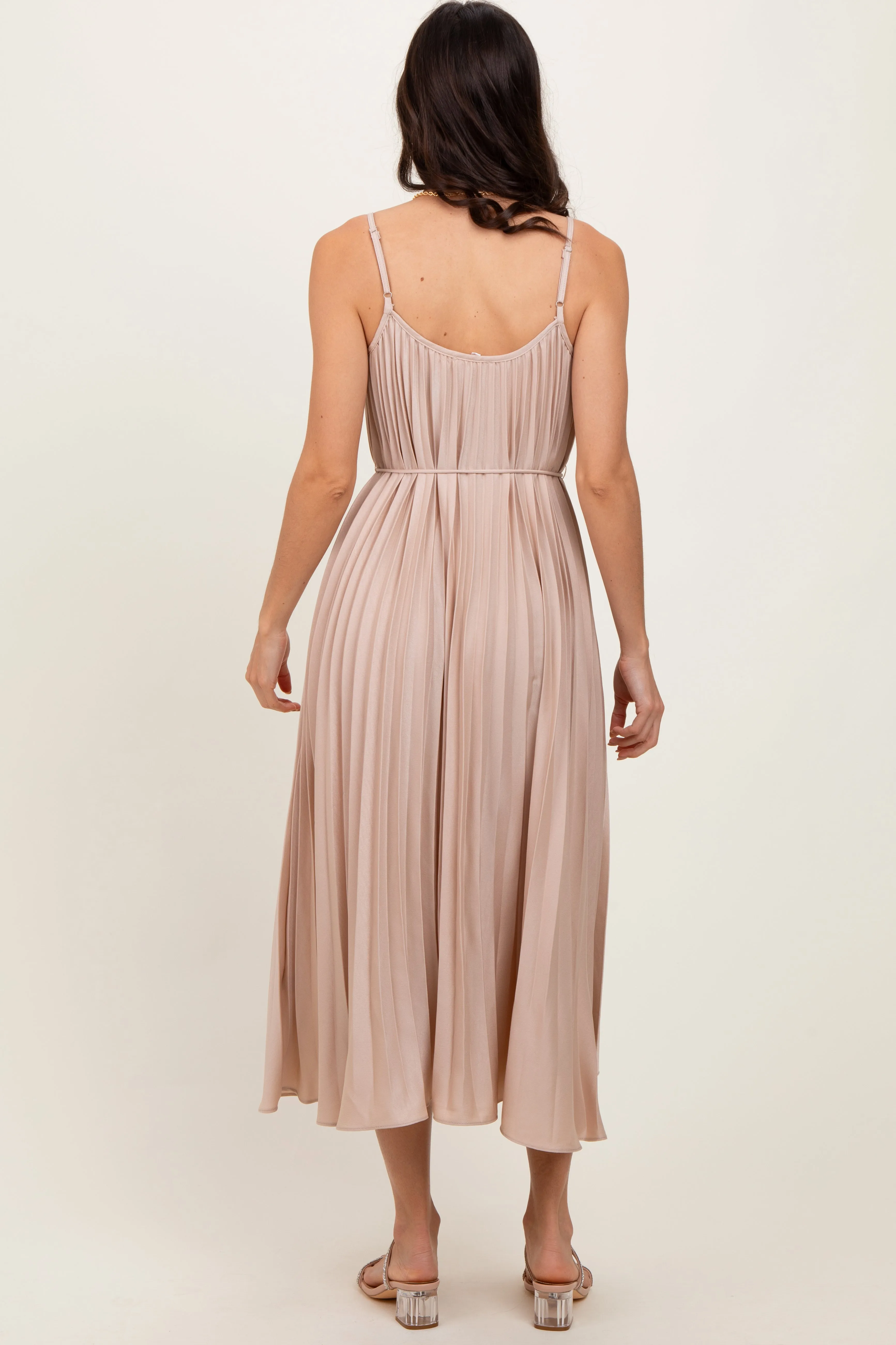 Beige Pleated Sash Tie Midi Dress sold by Pinkblush product image thumbnail 4