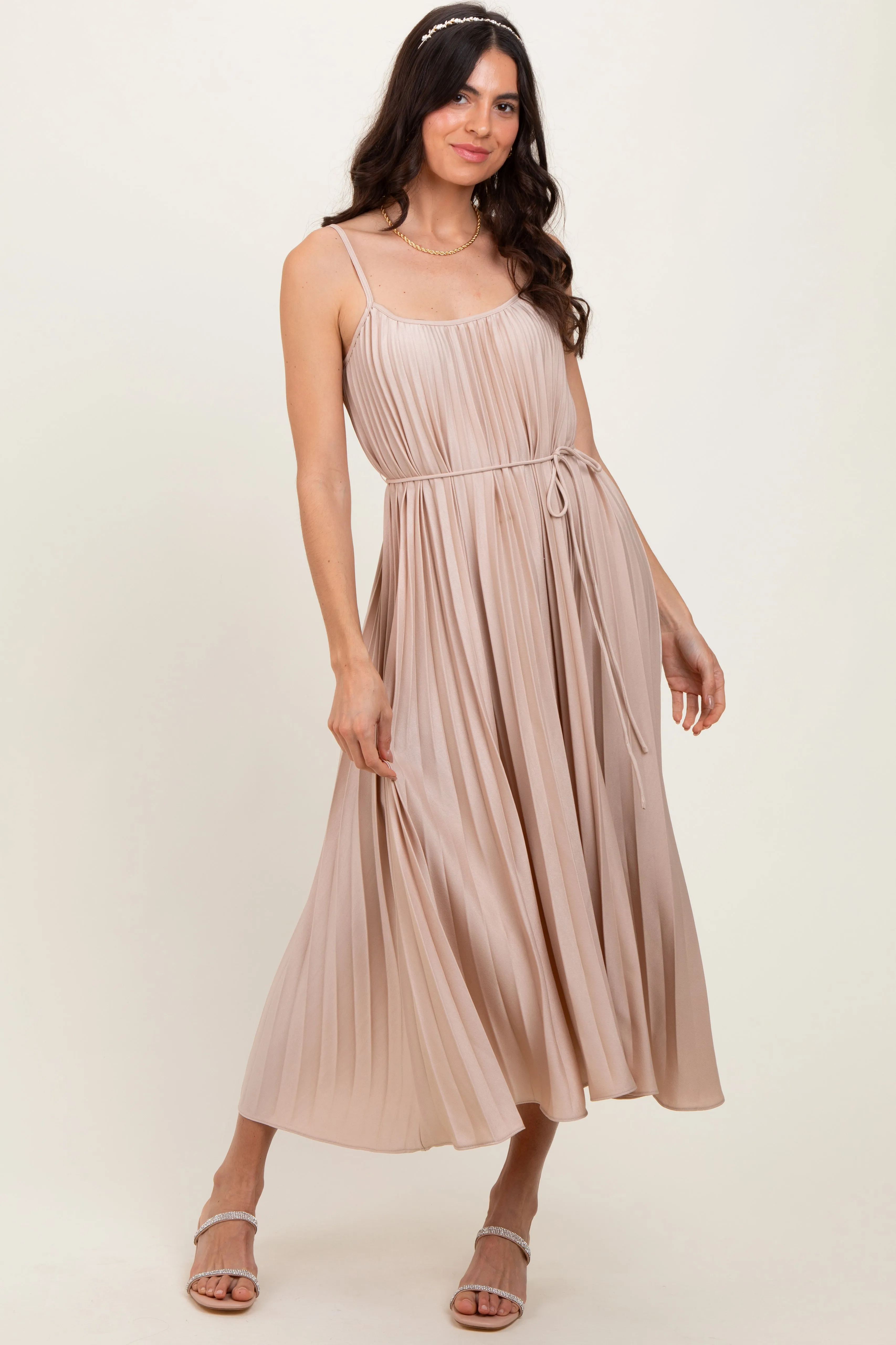 Beige Pleated Sash Tie Midi Dress sold by Pinkblush