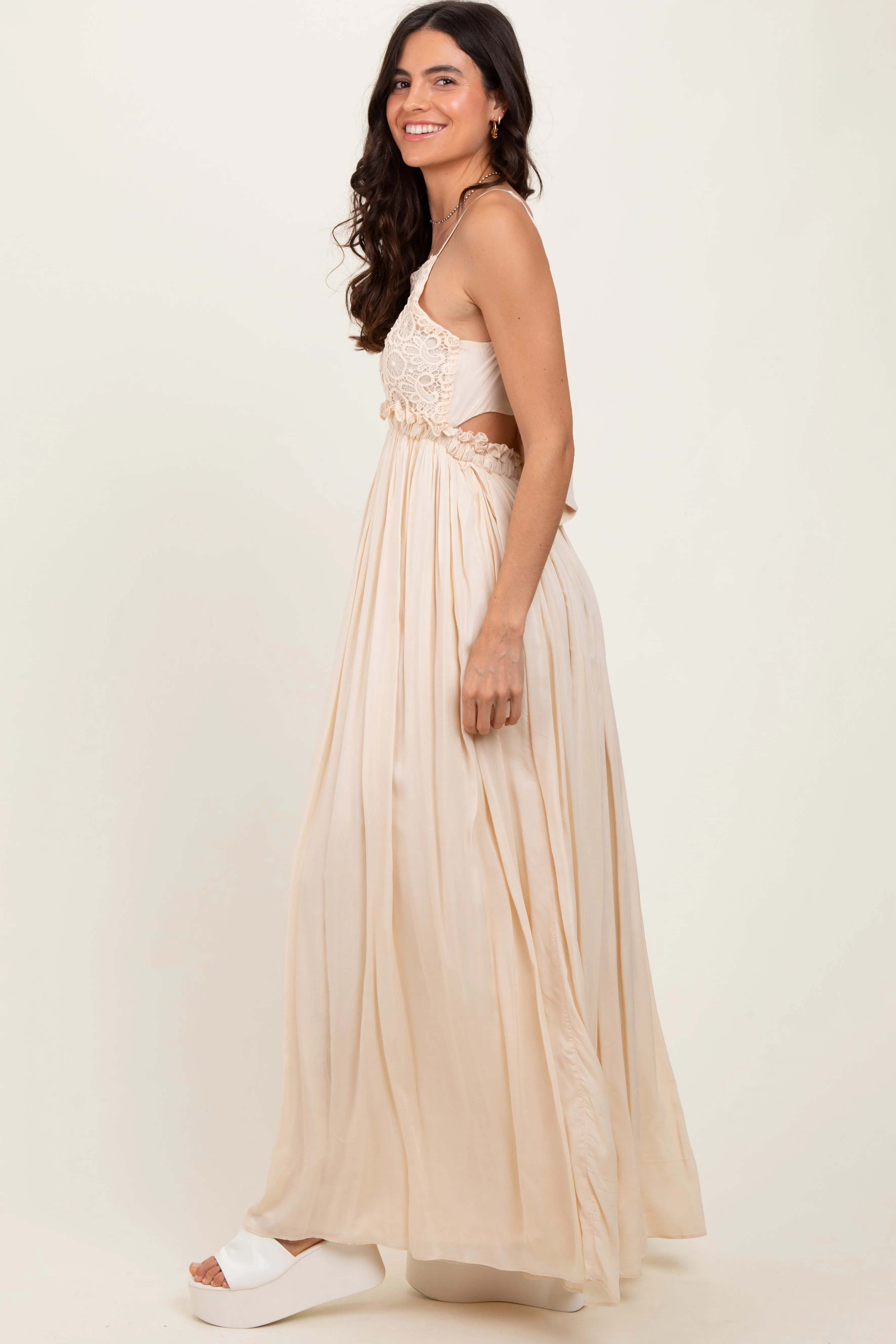 Beige Lace Bodice Cutout Tie Back Maxi Dress sold by Pinkblush product image thumbnail 3