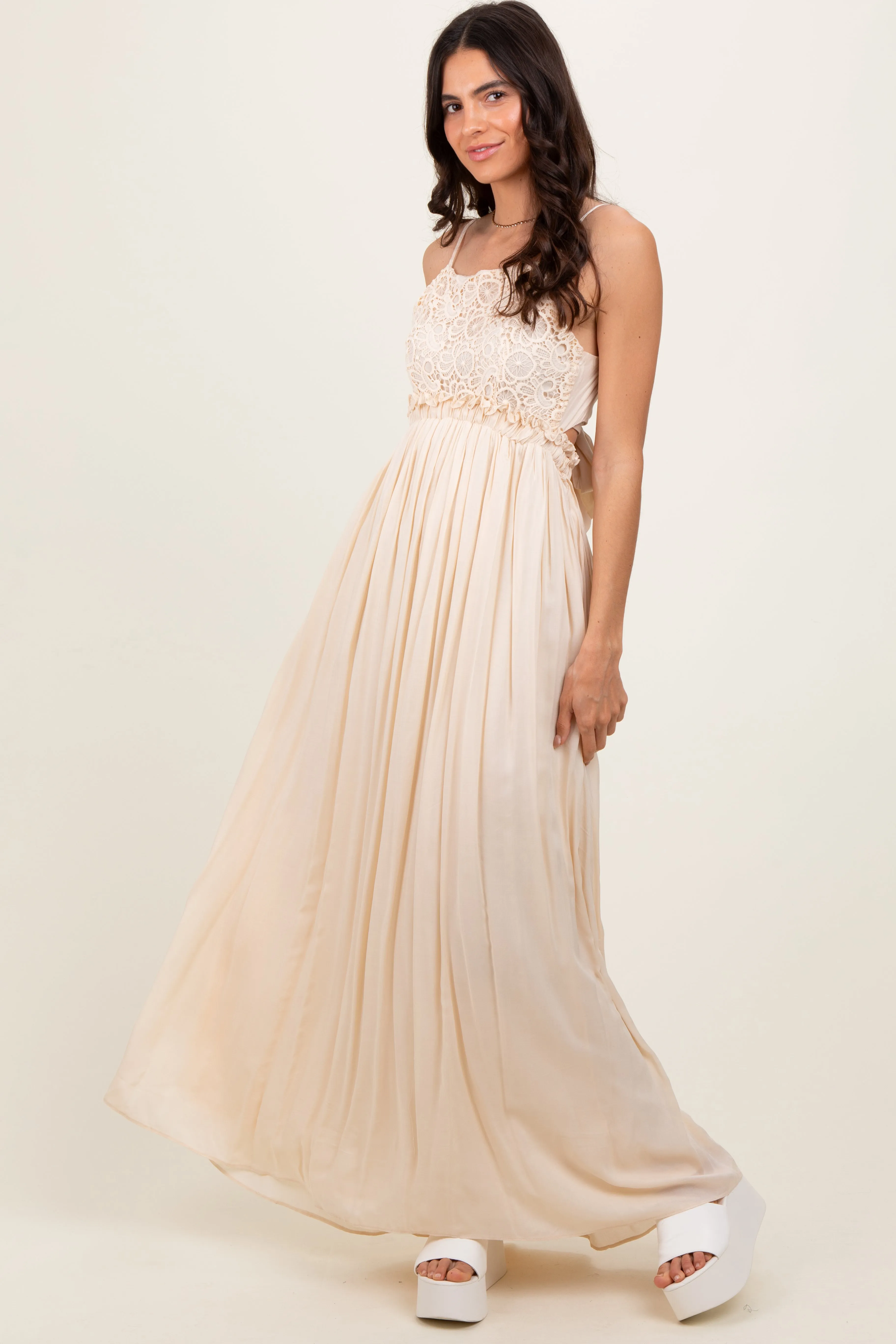 Beige Lace Bodice Cutout Tie Back Maxi Dress sold by Pinkblush