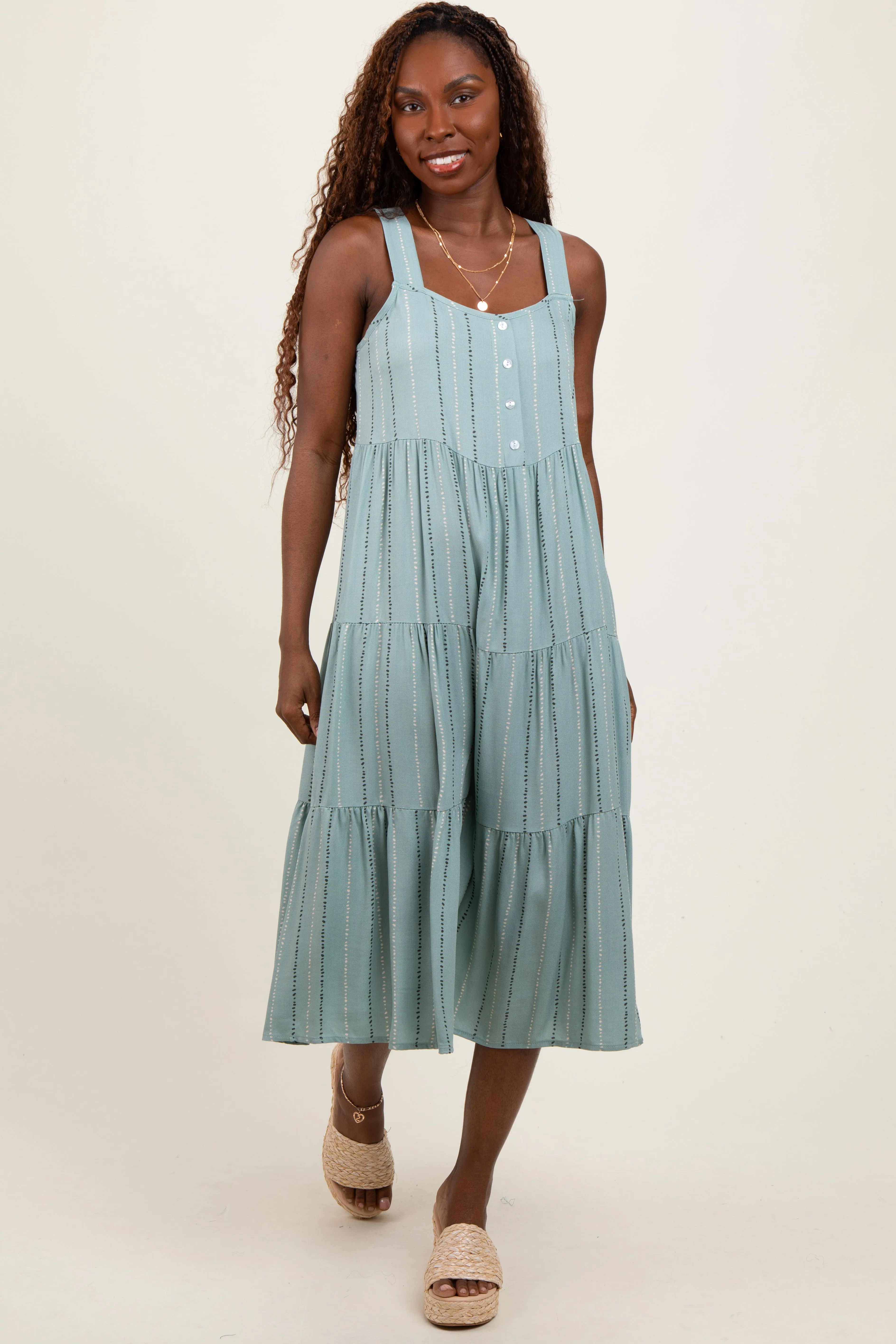 Light Olive Dot Stripe Tiered Midi Dress sold by Pinkblush