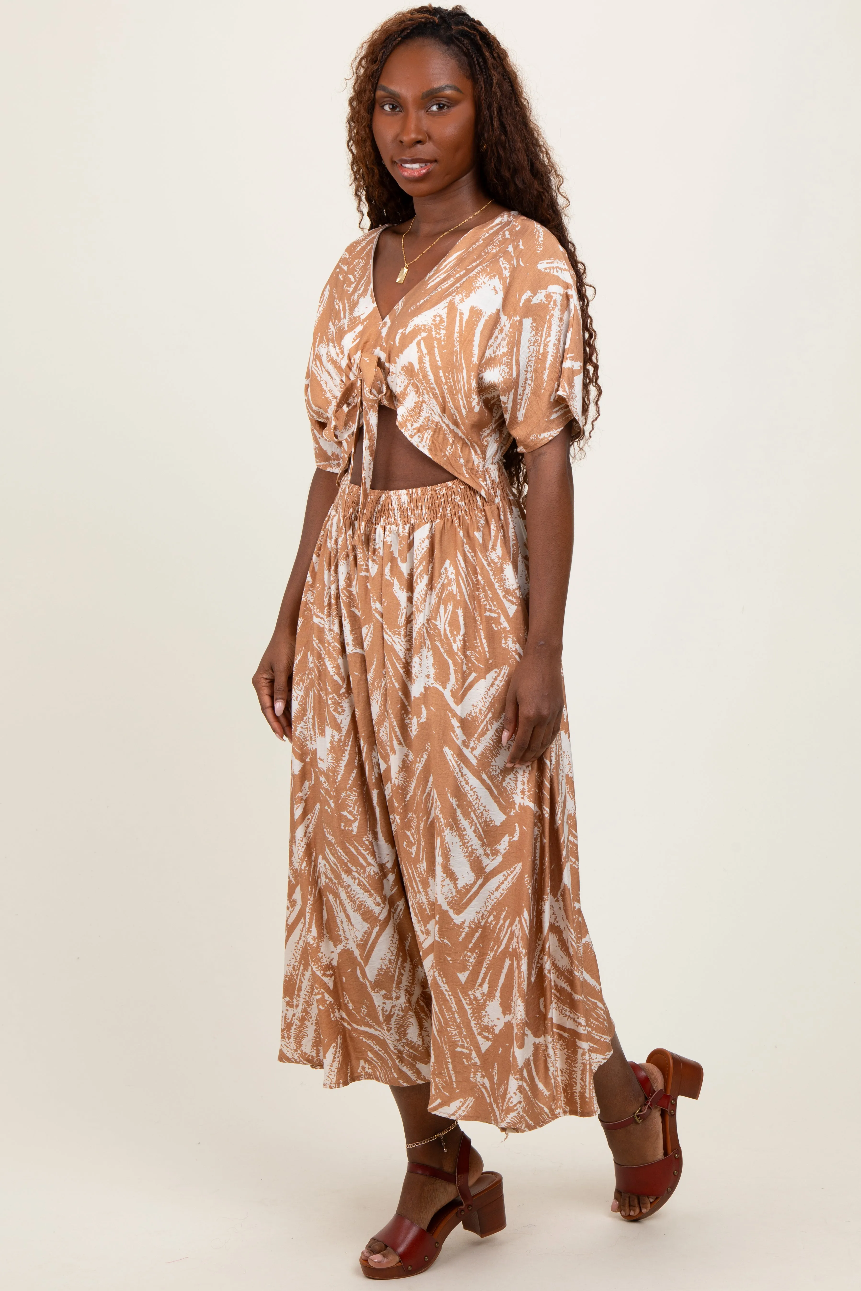 Camel Brushstroke Print Cutout Midi Dress sold by Pinkblush product image thumbnail 2