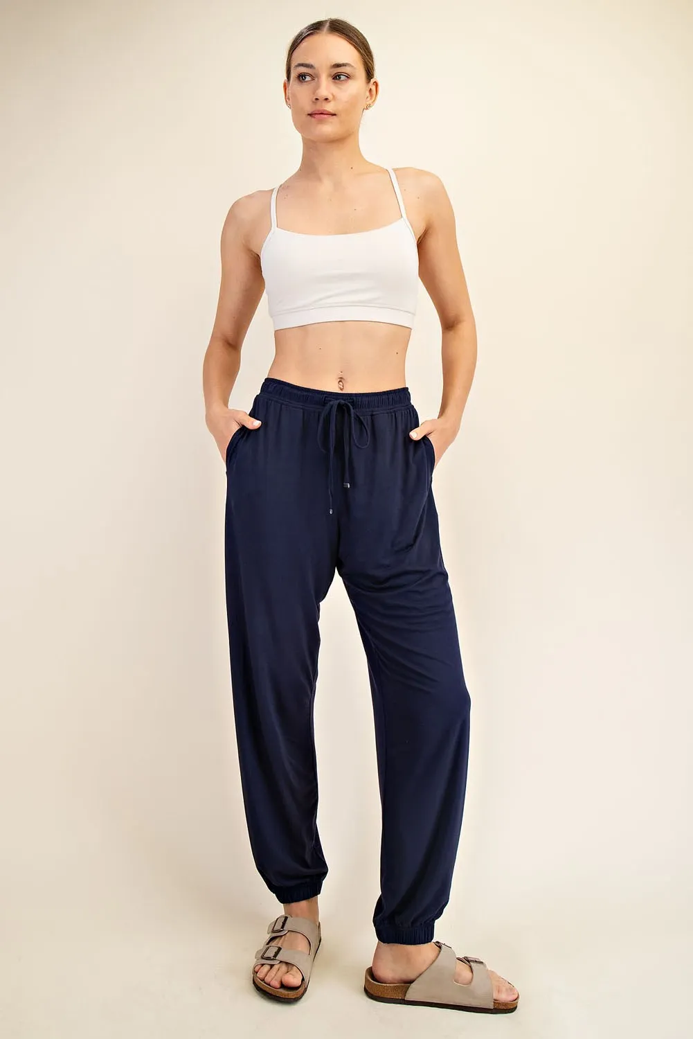 Navy Drawstring Jogger Pants sold by Pinkblush