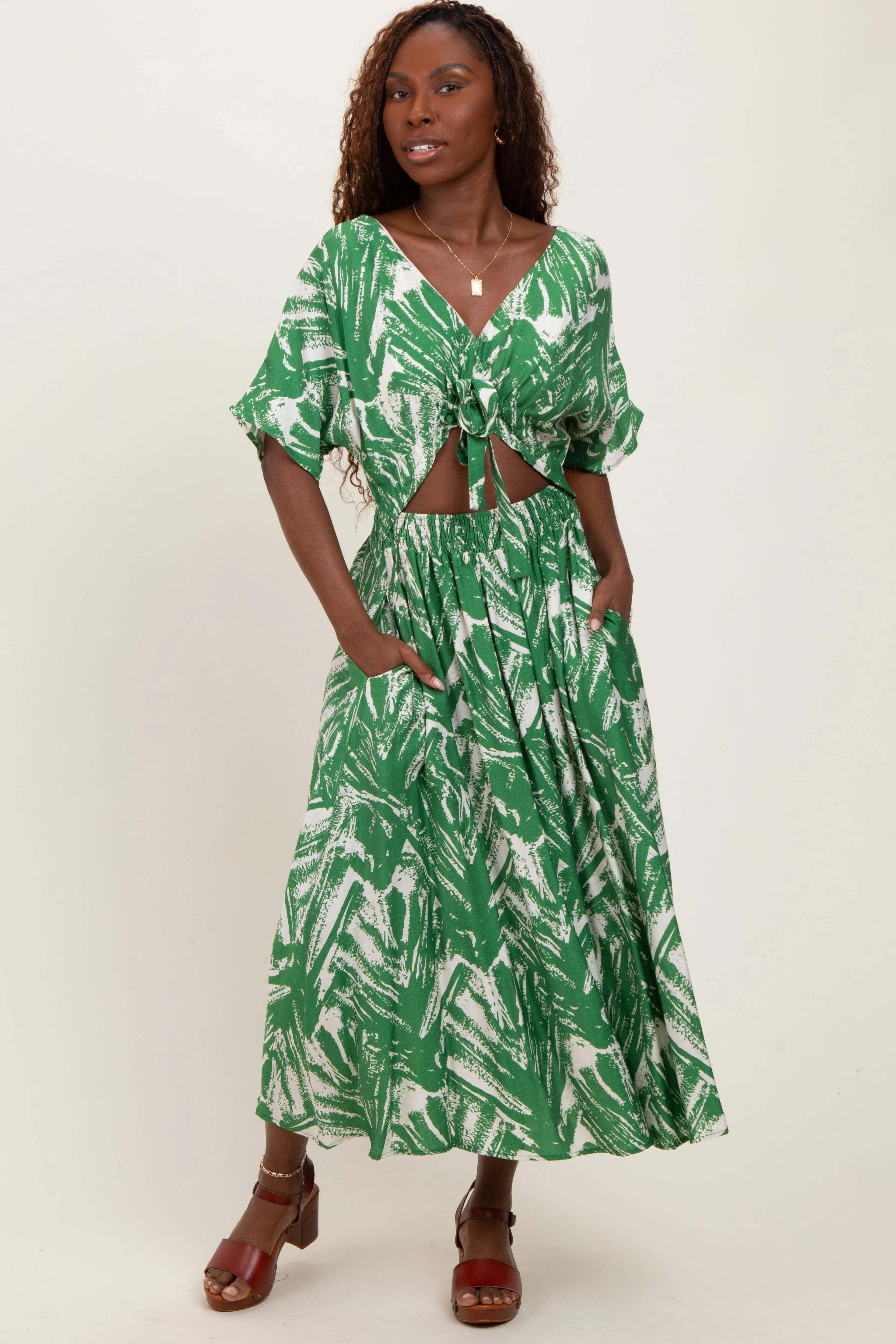Green Brushstroke Print Cutout Midi Dress sold by Pinkblush product image thumbnail 2
