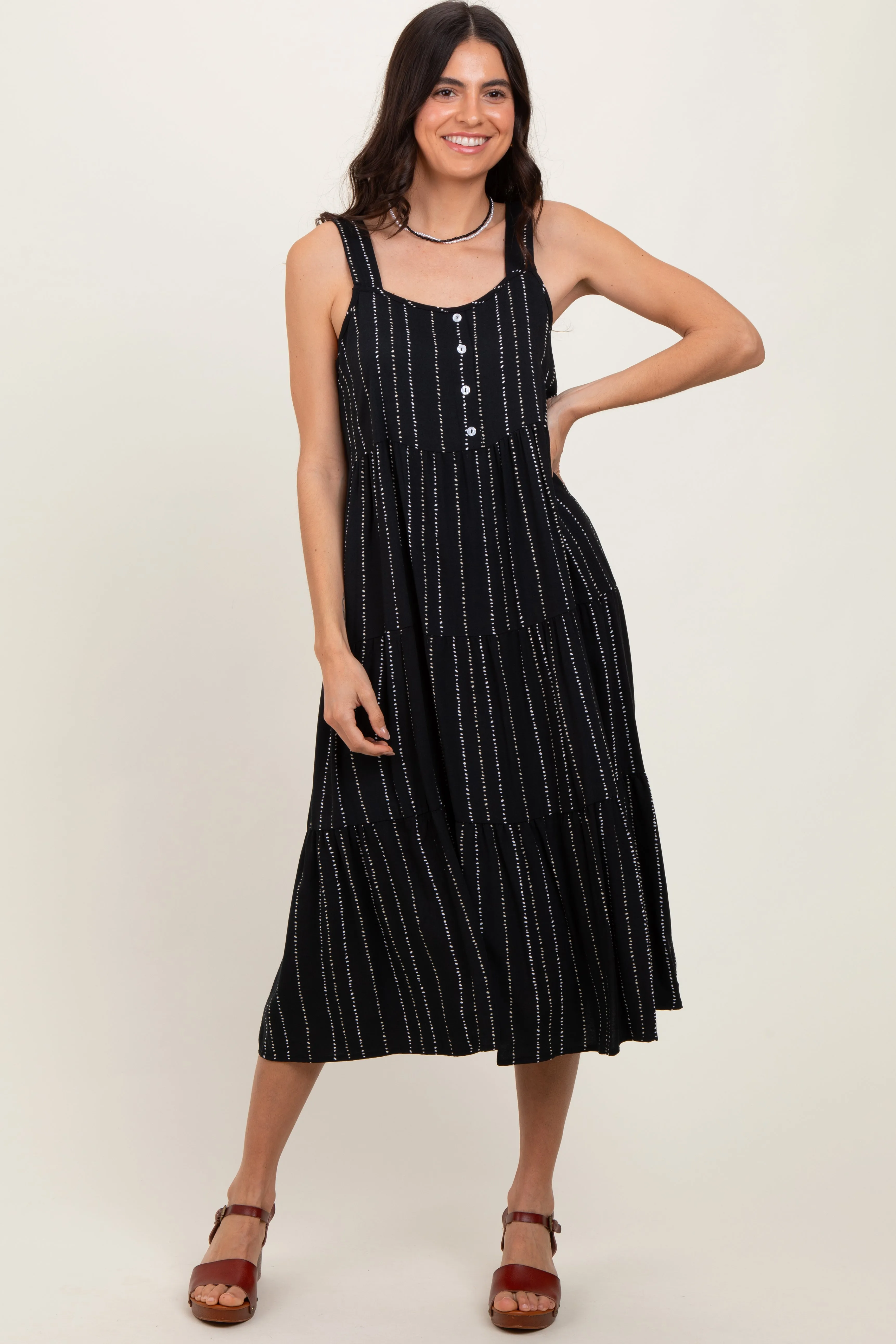 Black Dot Stripe Tiered Midi Dress sold by Pinkblush
