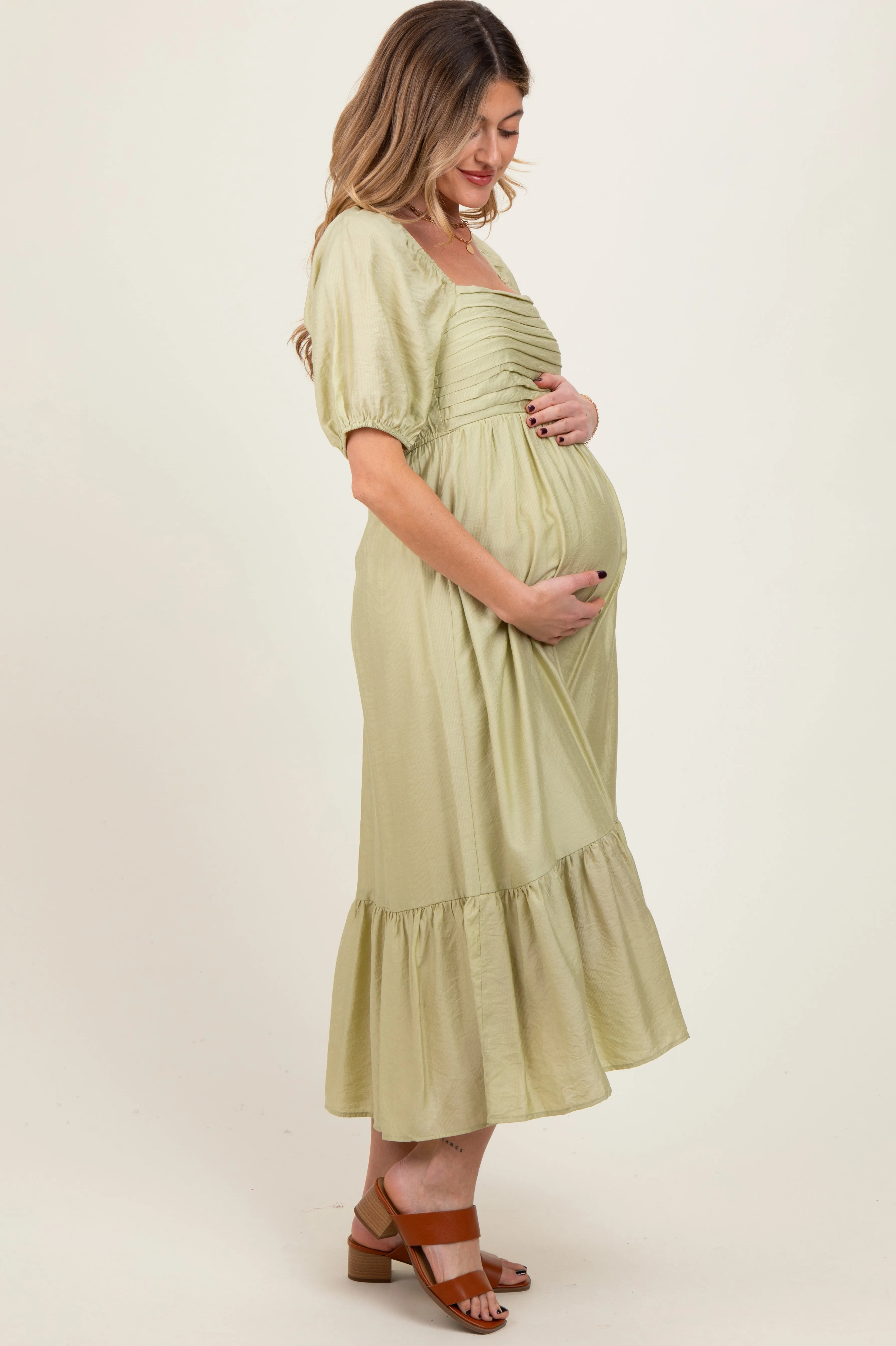 Mint Pleated Bodice Puff Sleeve Maternity Midi Dress sold by Pinkblush product image thumbnail 3