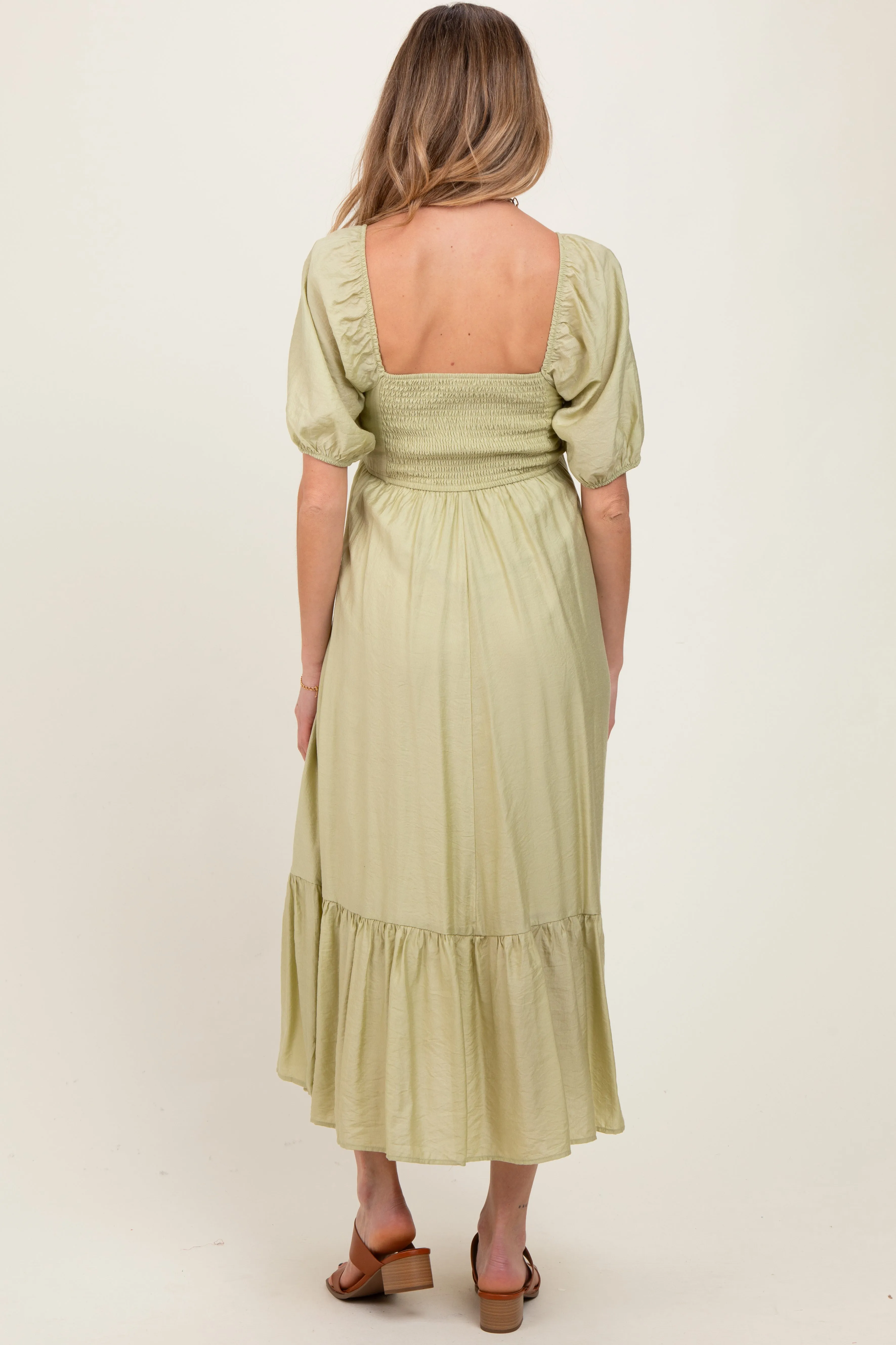 Mint Pleated Bodice Puff Sleeve Maternity Midi Dress sold by Pinkblush product image thumbnail 4