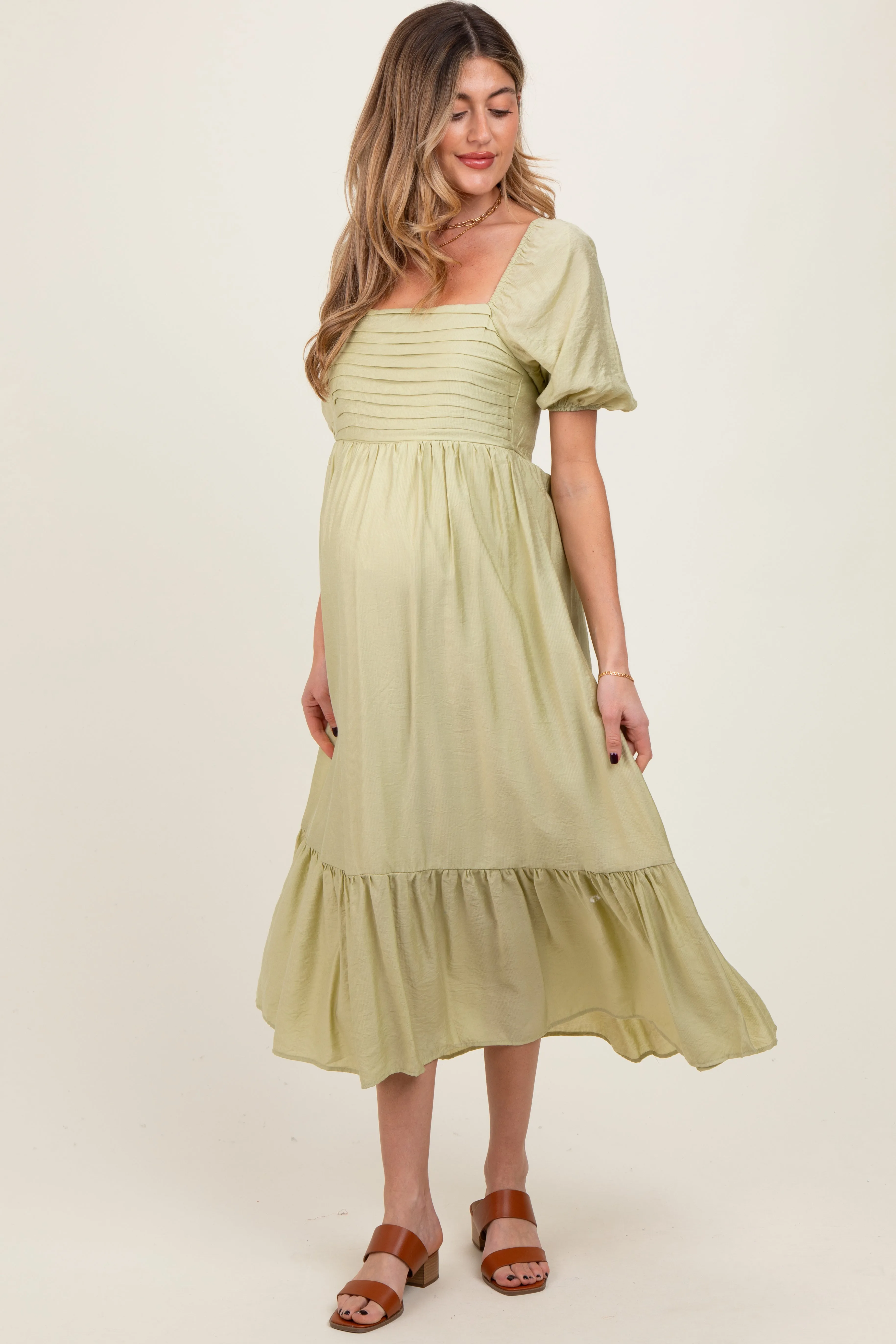 Mint Pleated Bodice Puff Sleeve Maternity Midi Dress sold by Pinkblush
